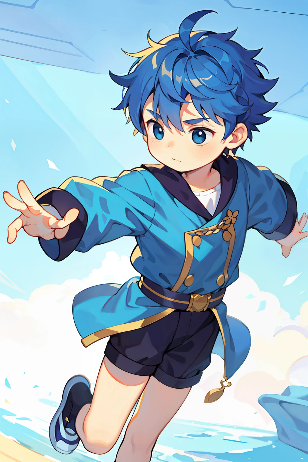 {{masterpiece}},best quality,illustration,1 male kid,prince,floating short hair,blue hair,cute,closeup