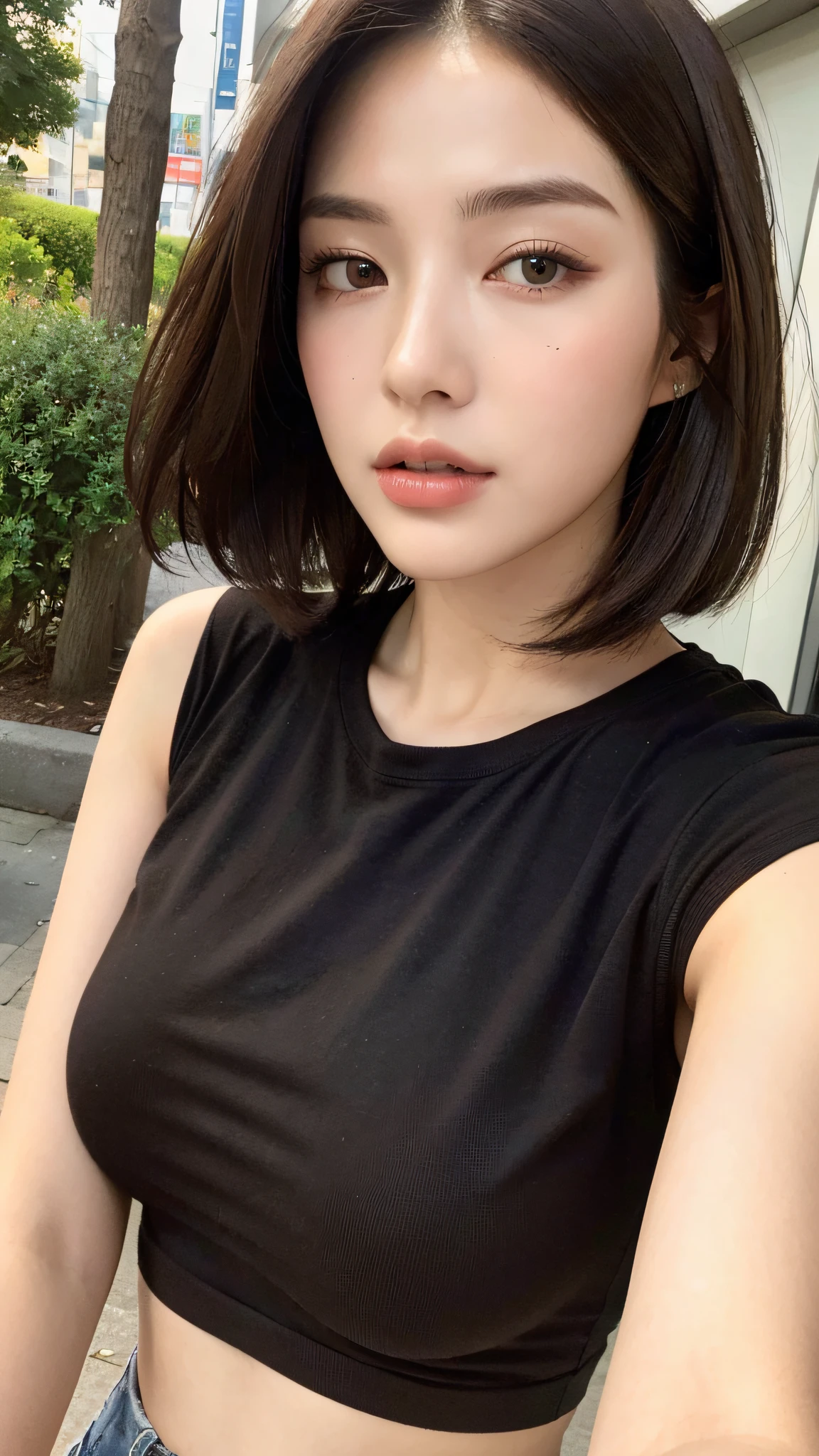 (Best quality, High resolution, Masterpiece :1.3), A tall and pretty woman, Slender figure, Breasts, (Dark brown short hair), T-shirt, At street, Details exquisitely rendered in the face and skin texture, Detailed eyes, Double eyelid