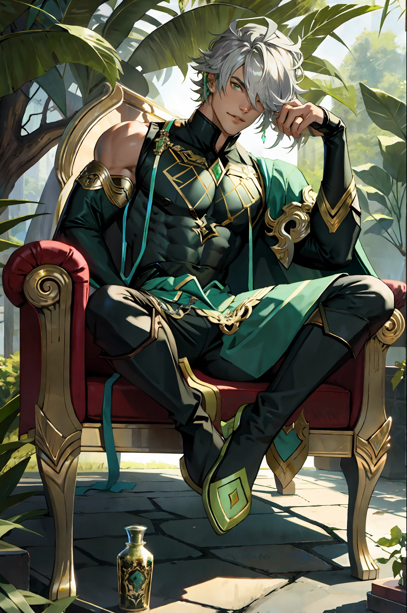 Highest quality, master piece, chest muscles, half nude, full body, pull-on top, silver hair, covering one eye, green cape, chest skin, sexy and charming, backrest, sitting, legs up, erlang legs,