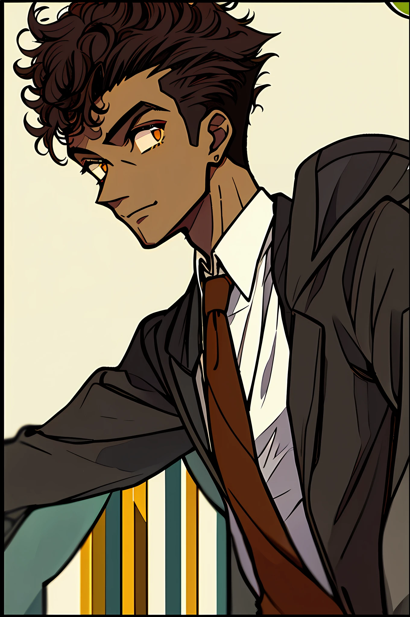 1boy, dark skin, overcoat, short curly hair, shaved side, brown eye, imposing look