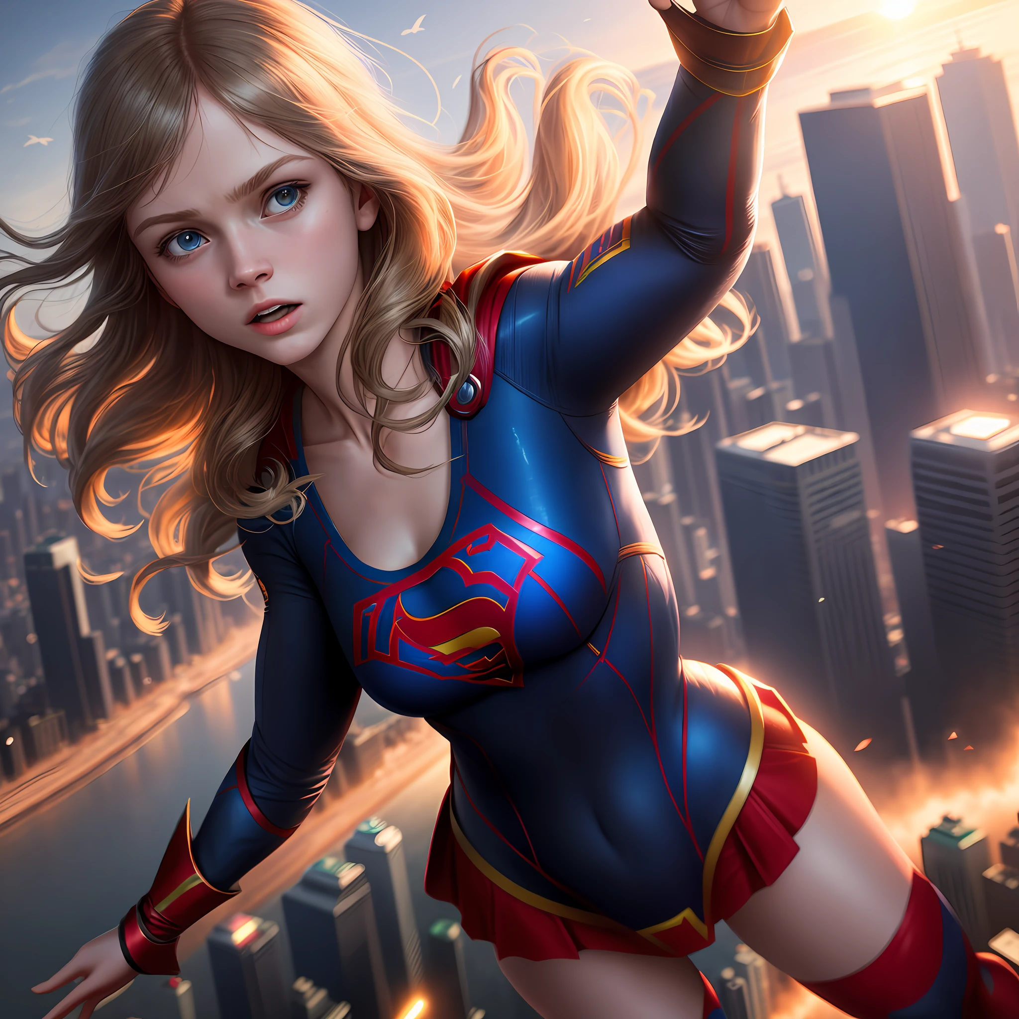 "Ella Freya as Supergirl, ultra realistic 8k image, flying towards the sunset over the city, powerful-expression, dynamic-pose, dramatic lighting, scenic cityscape, epic tone."