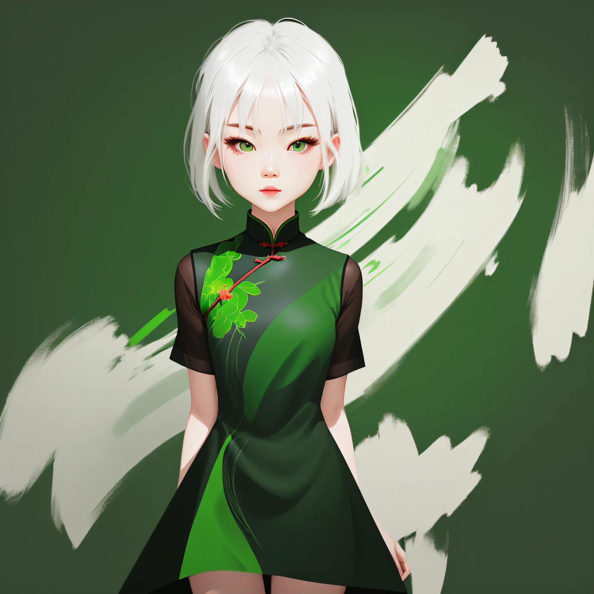 a very beautiful chinese girl with white hair, green eyes, dark green shortsleeved dress, green background, minimalist painter style, abstract memphis, flat illustration, vector illustration