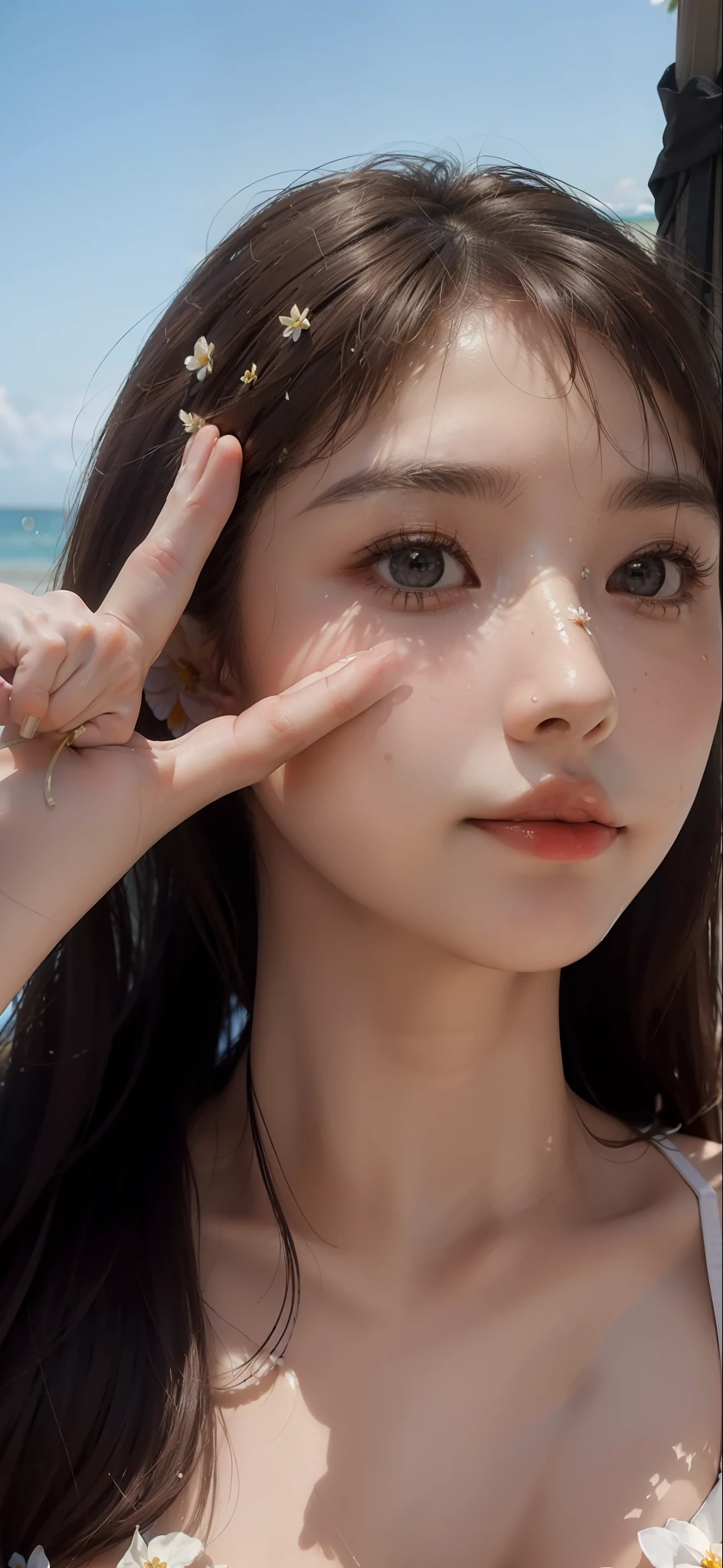 ((Best quality, 8k, Masterpiece :1.3)), A pretty 1woman with perfect figure :1.4, Slender abs :1.3, ((light brown hair, realistic big breasts :1.2)), (wearing flower micro bikini:1.5), (Lying on hammock, Hammock, At the beach:1.2), Highly detailed face and skin texture, Detailed eyes, Double eyelid. With same face . With bikini .