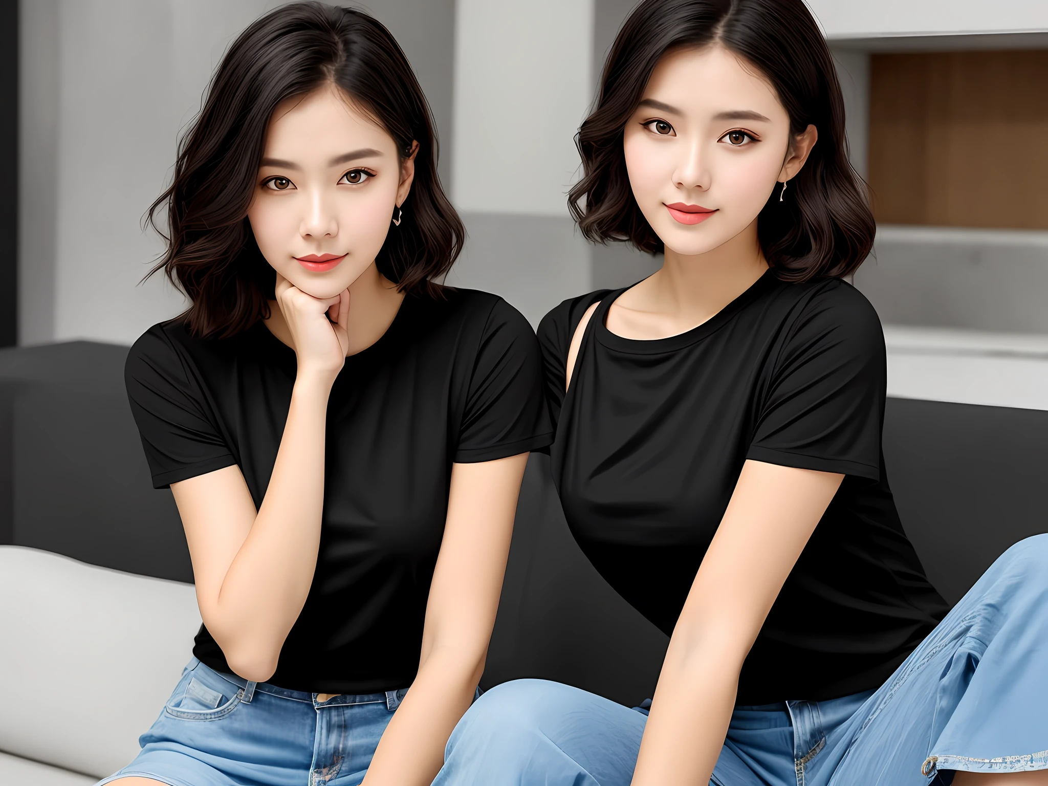 Narrow shoulder European woman wearing round neck black short sleeve T-shirt