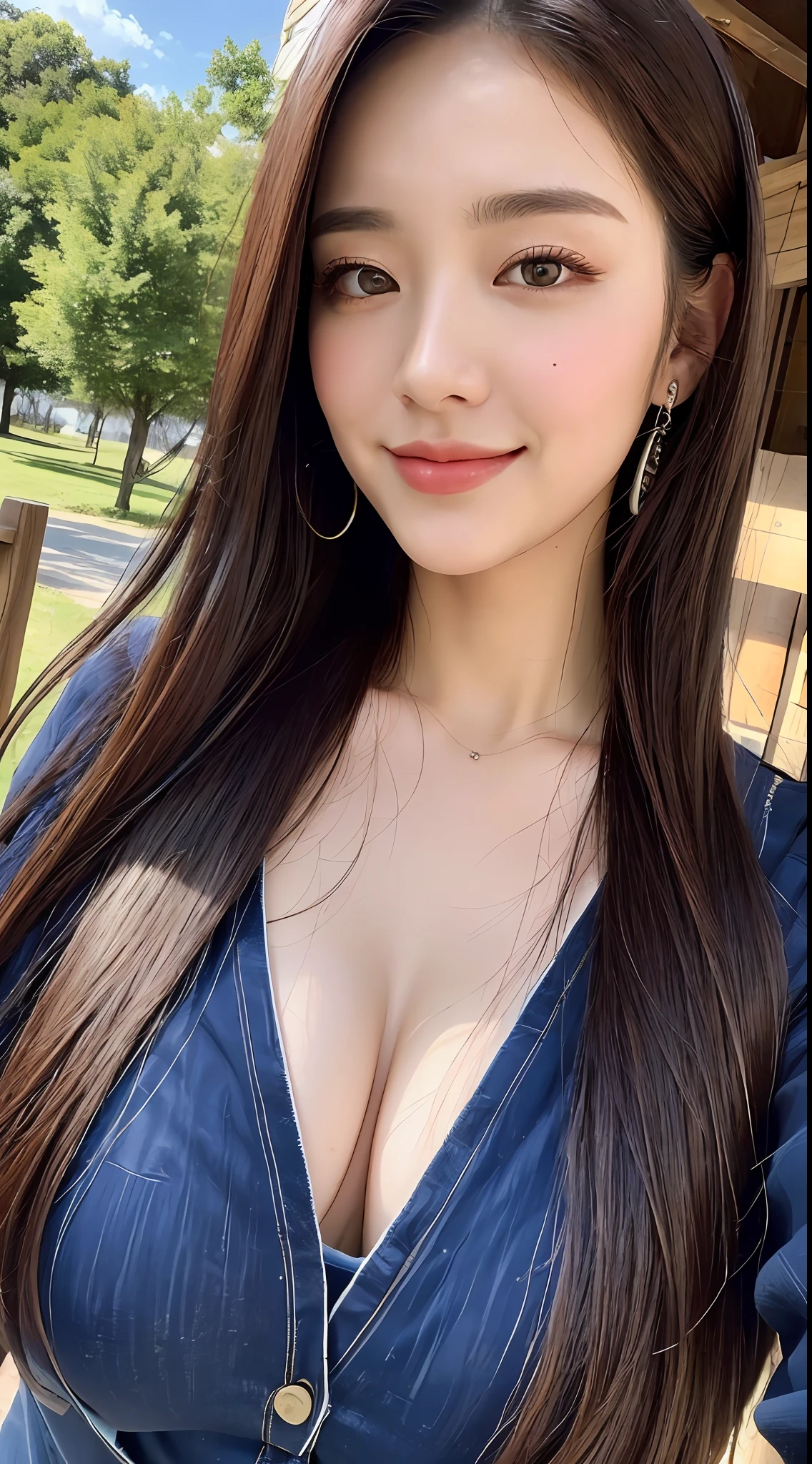 ((Best Quality, 8K, Masterpiece: 1.3)), Upper Body (1.3), Colossal (5), Outstanding Style, Gentle Face, Parallel Eyebrows, Smile, Natural Makeup, Sexy Clothes That Spill Breasts, Outdoor Exposure
