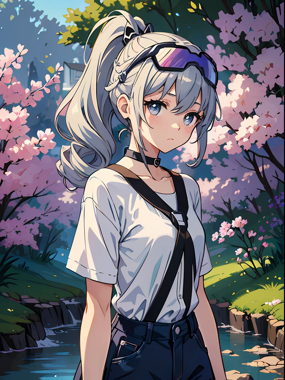 Exquisite masterpiece, best quality, illustration style, an anime girl with curly ponytail, gray beautiful eyes, petite figure, outdoor walking, casual wear, thin sunscreen clothing, country scenery, spring, white short sleeves, small, spring, heartwarming, youthful and beautiful, with blue-violet gradient ski goggles, gray hair, showing a natural casual style. The dynamic posture contains the golden section, a large aperture portrait, the picture is blank, the contrast between light and shadow is strong, the texture is super strong, the picture is super clear and concise, presenting an extremely beautiful, elegant and dignified, delicate face