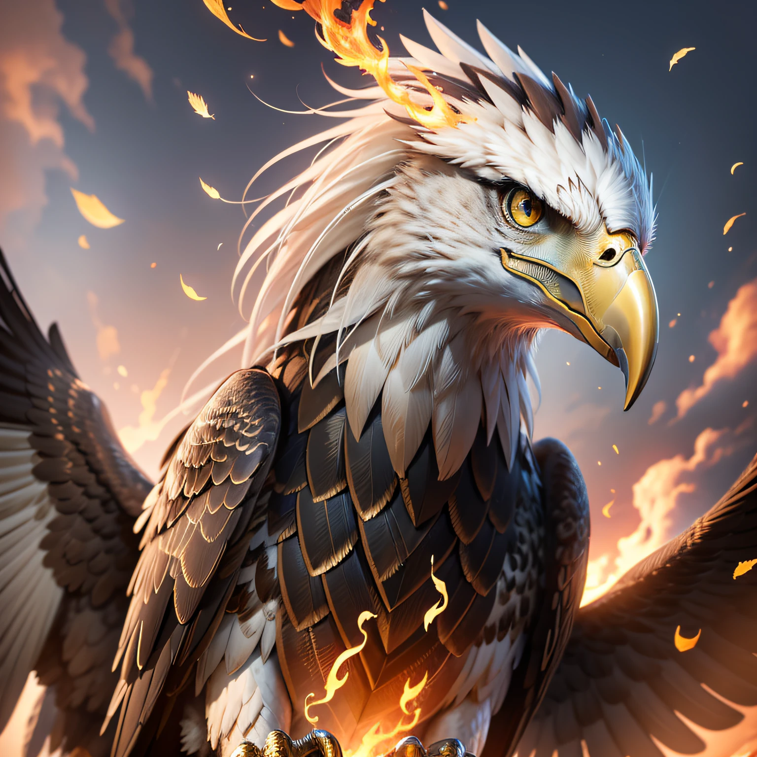 Eagle head with metallic beak, metallic feathers and flaming eyes, high definition, realistic, 8K, cinematic. --auto --s2