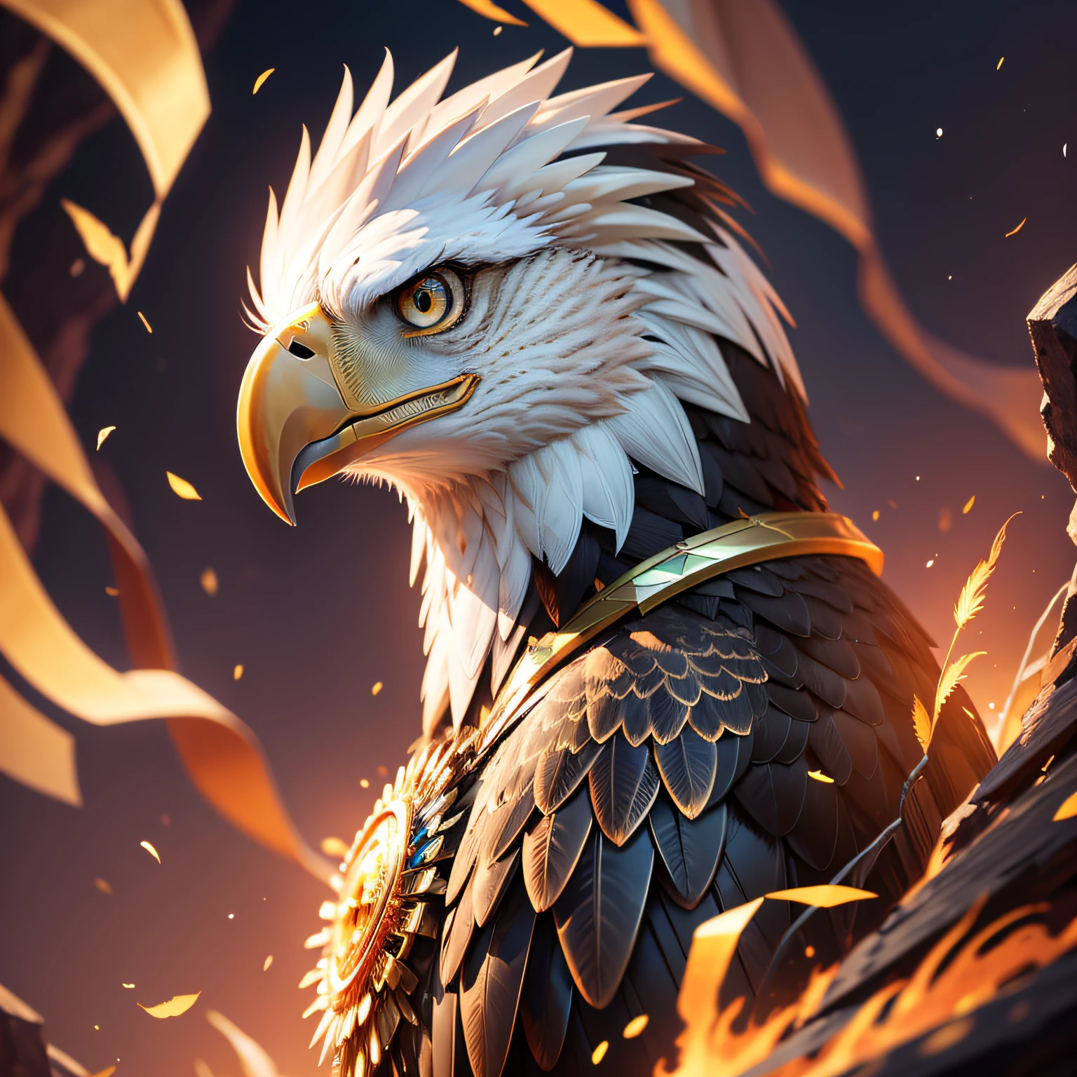 Eagle head with metallic beak, metallic feathers and flaming eyes, high definition, realistic, 8K, cinematic. --auto --s2
