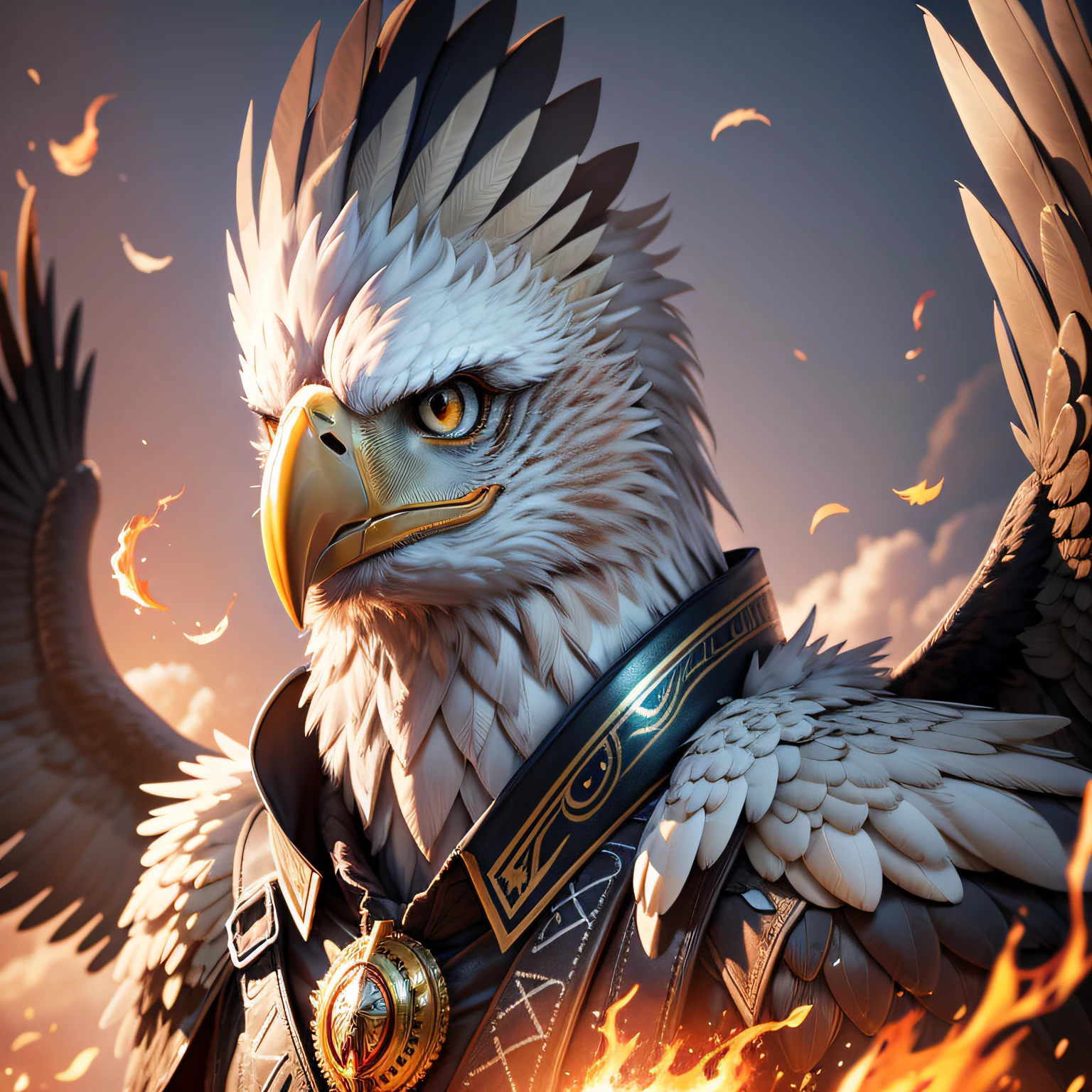 Eagle head with metallic beak, metallic feathers and flaming eyes, high definition, realistic, 8K, cinematic. --auto --s2