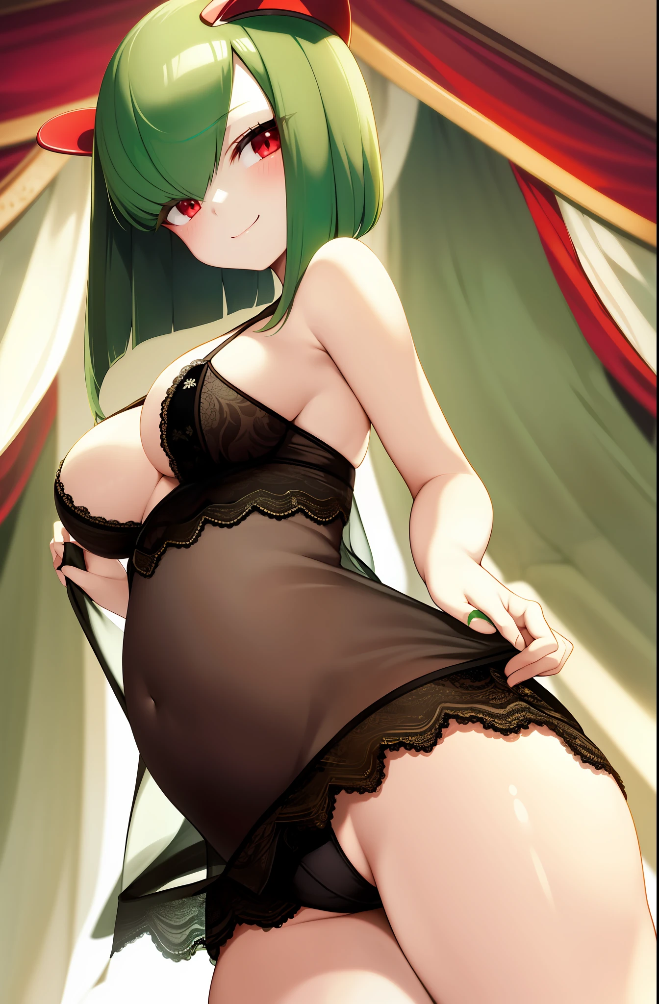 masterpiece, best quality, 1 girl, solo, kirlia, green hair, red eyes, white skin, porcelain skin, mischievous smile, seductive look, in a bedroom, black lace lingerie, clothes with transparencies, medium breasts, medium breasts, tight panties. Pregnant