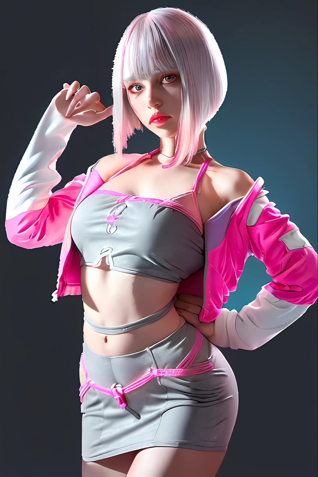 lucy\(cyberpunk\), (midchest, small head)), sunlight, (perfect body: 1.1), (young), tight, wet, cropped camisole top), (((mini skirt)), (very detailed CG 8k wallpaper), (very delicate and beautiful), (masterpiece), (best quality: 1.0), (super high definition: 1.0), gorgeous lighting, hard, 1girl, Hair scrunchies, Princess cut, Silver hair, Colored tips, Full moon, Grey eyes, Jacket, Long sleeves, Look viewer, Medium hair, Multicolored hair, Aligned bangs, Parted lips, Pink hair, Portrait, Red eyeliner, Red lips, Solo, Purple bikini, Cyberpunk (series), Neon glowing cyberpunk city center,