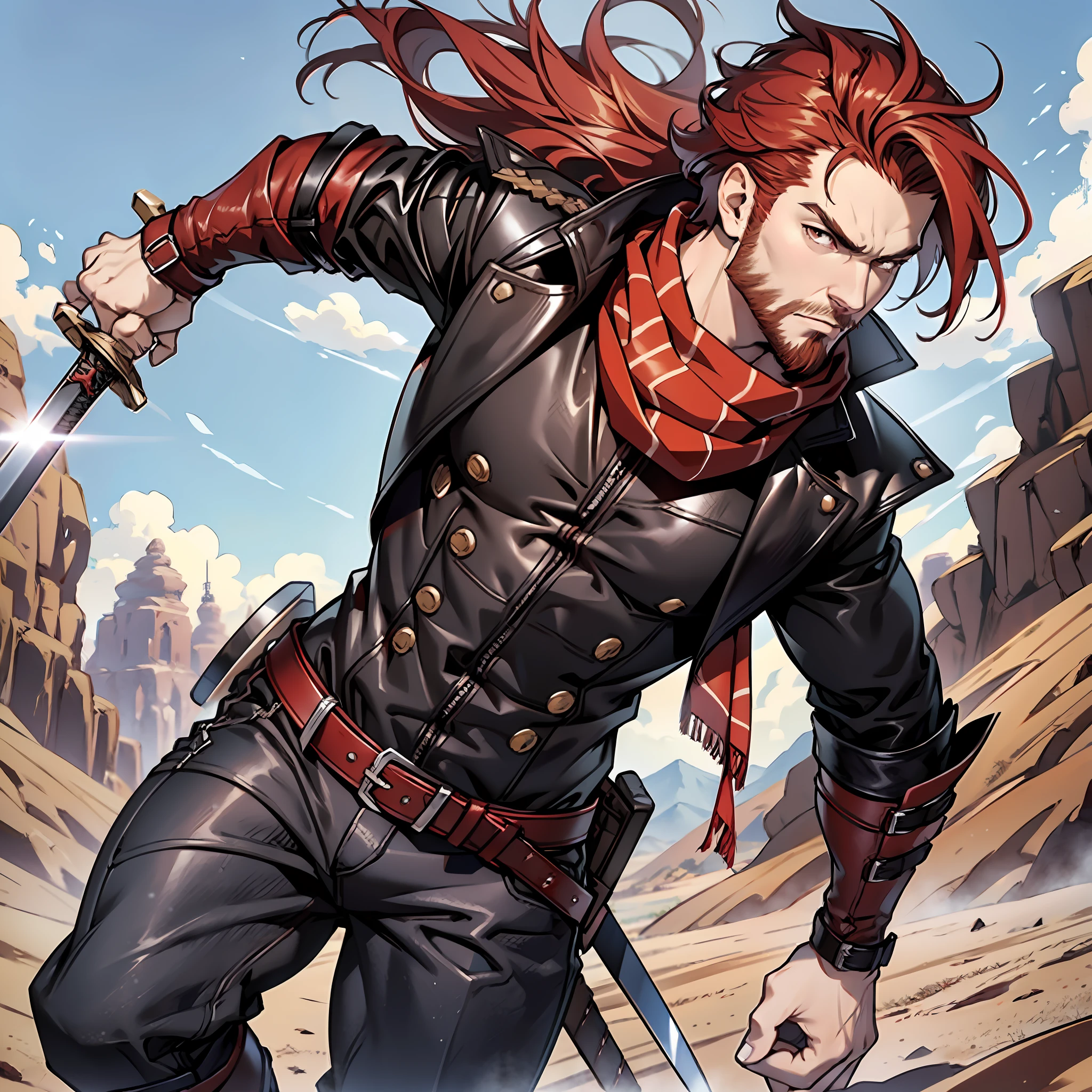 Redhead, black jacket, black jeans, red dress blouse, beard, brown eyes, light red hair, straight spiky hair, black boots, brown scarf, sword in the scabbard stuck at the waist, serious look, muscular man, developed physique, desert scenery.