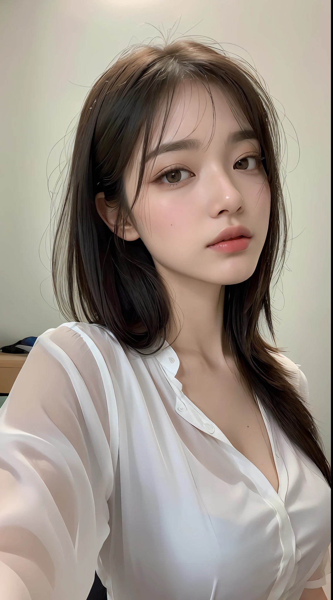 ((Best Quality, 8K, Masterpiece: 1.3)), Sharp: 1.2, Perfect Body Beauty: 1.4, Slim Abs: 1.2, ((Layered Hairstyle, Big Breasts: 1.2)), (Wet White Button Long Shirt: 1.1), (Rain, Scholl: 1.2), Wet: 1.5, Highly detailed face and skin texture, detailed eyes, double eyelids, side face looking at the camera, innocent, (Arrousted: 1.3)