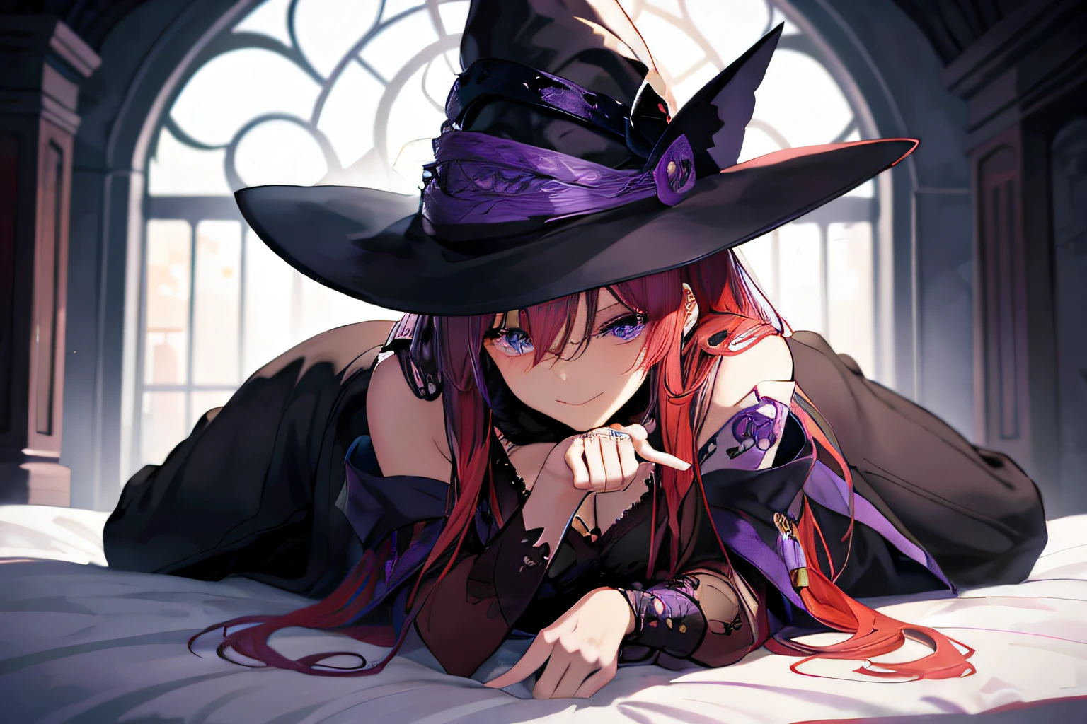 witch laying on bed with purple hat and black dress, flirty anime witch casting magic, pretty sorceress, witch girl, classical witch, a beautiful sorceress, castlevania witch, fashionable dark witch, portrait of a young witch girl, dark witch character, beautiful sorceress, witch, a witch, beautiful witch female, ! dream artgerm