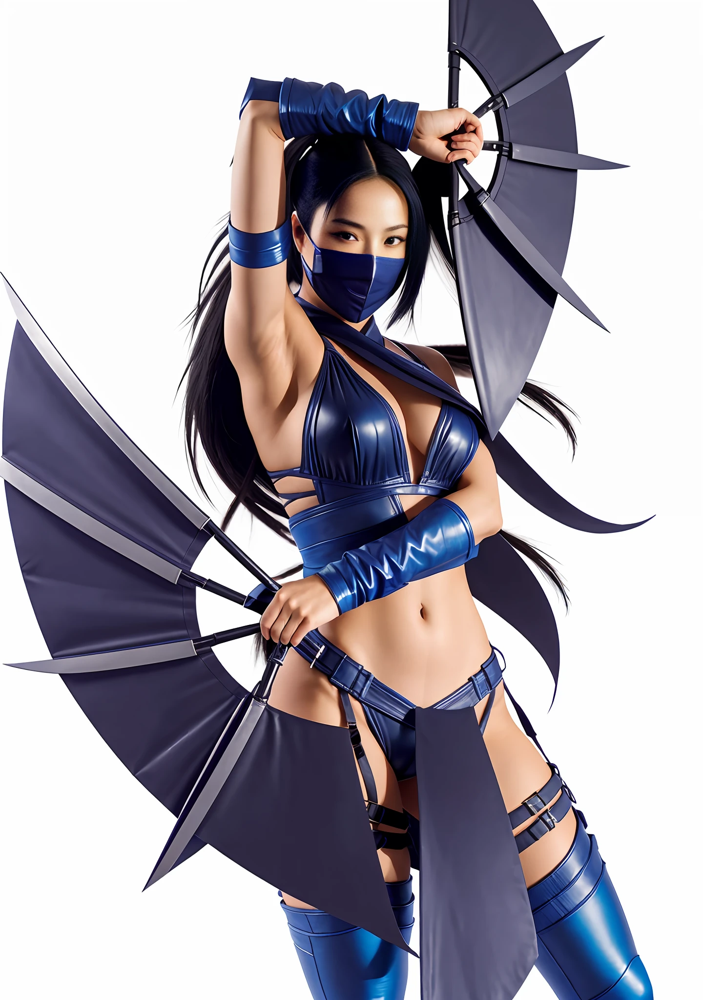 Japanese woman, kitana, mortal kombat, leather suit, long hair, scarf on face, holding fan, blue outfit.