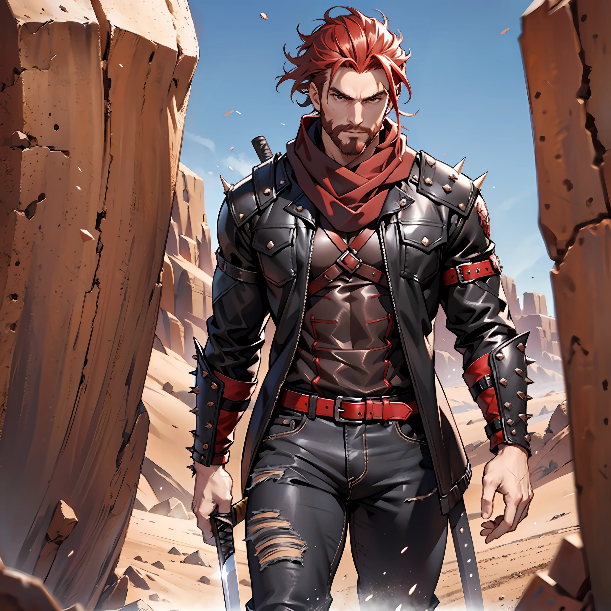 Redhead, black jacket, black jeans, red dress blouse, beard, brown eyes, light red hair, straight spiky hair, black boots, brown scarf, sword in the scabbard stuck at the waist, serious look, muscular man, developed physique, desert scenery.