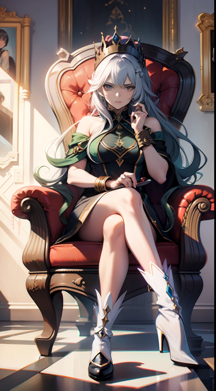 Adult woman, queen, with a cold expression and a powerful aura, sits on a chair,