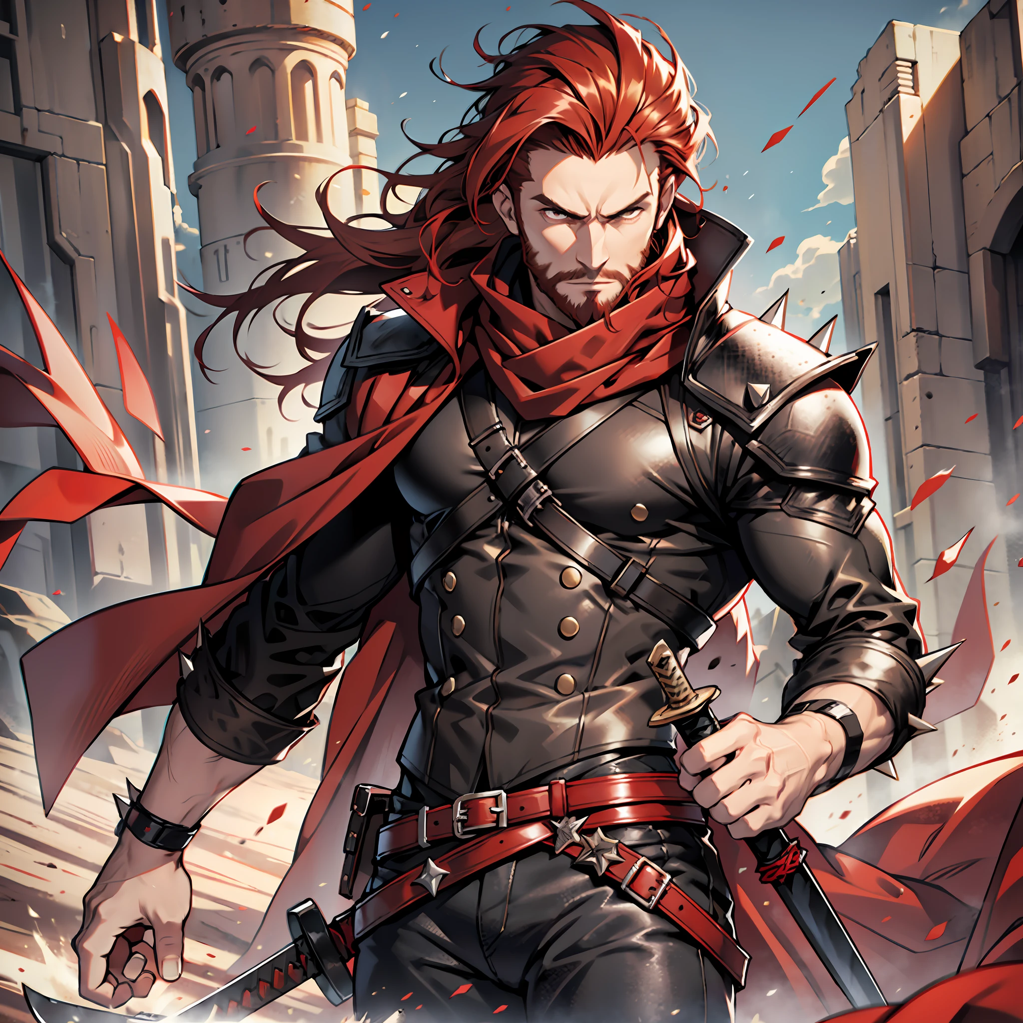Redhead, black jacket, black jeans, red dress blouse, beard, brown eyes, light red hair, straight spiky hair, black boots, brown scarf, sword in the scabbard stuck at the waist, serious look, muscular man, developed physique, desert scenery.