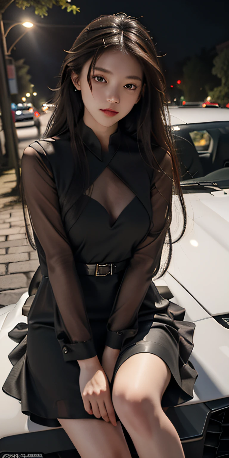 Best Quality, Masterpiece, Ultra High Resolution, (Reality: 1.4), Original Photo, (Evening Street), 1 Girl, Black Eyes, Long Hair, Light Makeup, Camouflage Dress, Sitting on the hood of an Aston Martin sports car,开心