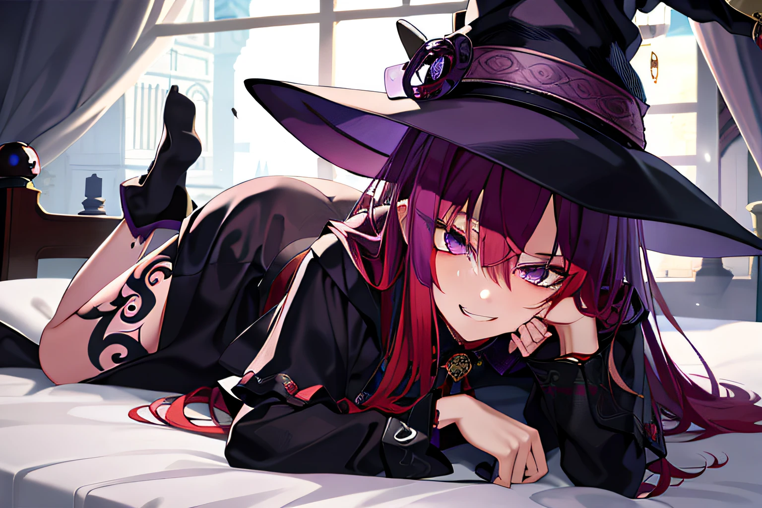 witch, witch hat, long red hair, tattooed arms, purple eyes, vampire teeth, lying on a bed, sensual position, short clothes, best quality, good anatomy, detailed face, 4k, masterpiece, detailed eyes