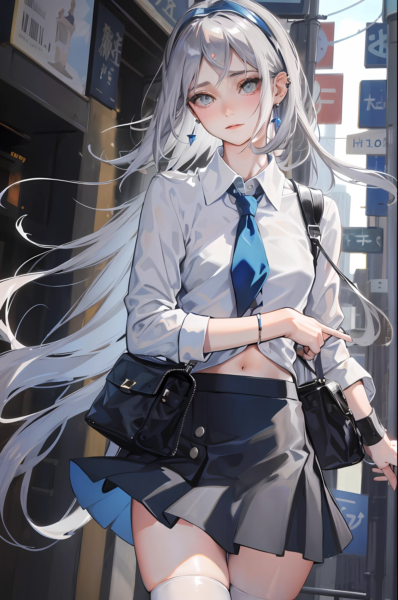 (Masterpiece: 1.1), (Best Quality: 1.0), (Ultra HD: 1.0), (8K Resolution: 1.2), (Real: 1.0), (Ultra Detail 1:0), (Original photo: 1.1), Bird's eye angle, Shibuya_ \ (Japan\), Outdoor, 1 girl, bangs, breasts, collarbone, collared shirt, ear piercings, earrings, eyebrows visible through hair, head tilt, jewelry, lifted by myself, blue loose tie, medium chest, piercing, uniform, shirt, solo , Underwear, White Shirt, Embarrassed Face, (Piercings: 1:1), Earrings, Looking at Camera, Nail Art, Nail polish, Clear Bangs, Light Gray Hair, (Blue Skirt), Collarbone, Thigh Gap, Small Buttocks, Mini Skirt, Matayom Uniform, (Carmelto: 1.2)