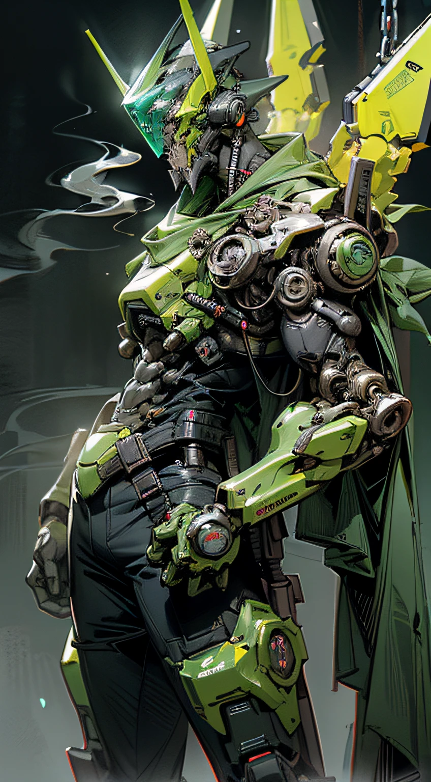Dark_Fantasy, cyberpunk, (chainsaw, chain saw man, red: 1.1), 1man, mechanical wonder, robotic presence, cybernetic guardian, green color, fluttering BIOLUMINESCENT BLUE cape, helmet, : 1.1), 1man, mechanical wonder, robotic presence, cybernetic guardian, booster, hyper realistic,IN THE MIDST OF SMOKE ON THE BATTLEFIELD, high contrast, 8k rendering, masterpiece, ptofissional photography, expressive pose