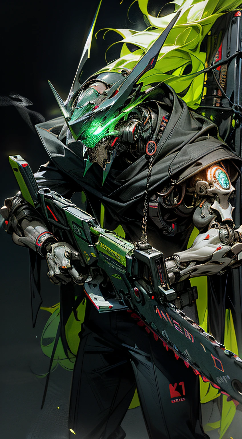 Dark_Fantasy, cyberpunk, (chainsaw, chain saw man, red: 1.1), 1man, mechanical wonder, robotic presence, cybernetic guardian, green color, fluttering BIOLUMINESCENT BLUE cape, helmet, : 1.1), 1man, mechanical wonder, robotic presence, cybernetic guardian, booster, hyper realistic,IN THE MIDST OF SMOKE ON THE BATTLEFIELD, high contrast, 8k rendering, masterpiece, ptofissional photography, expressive pose