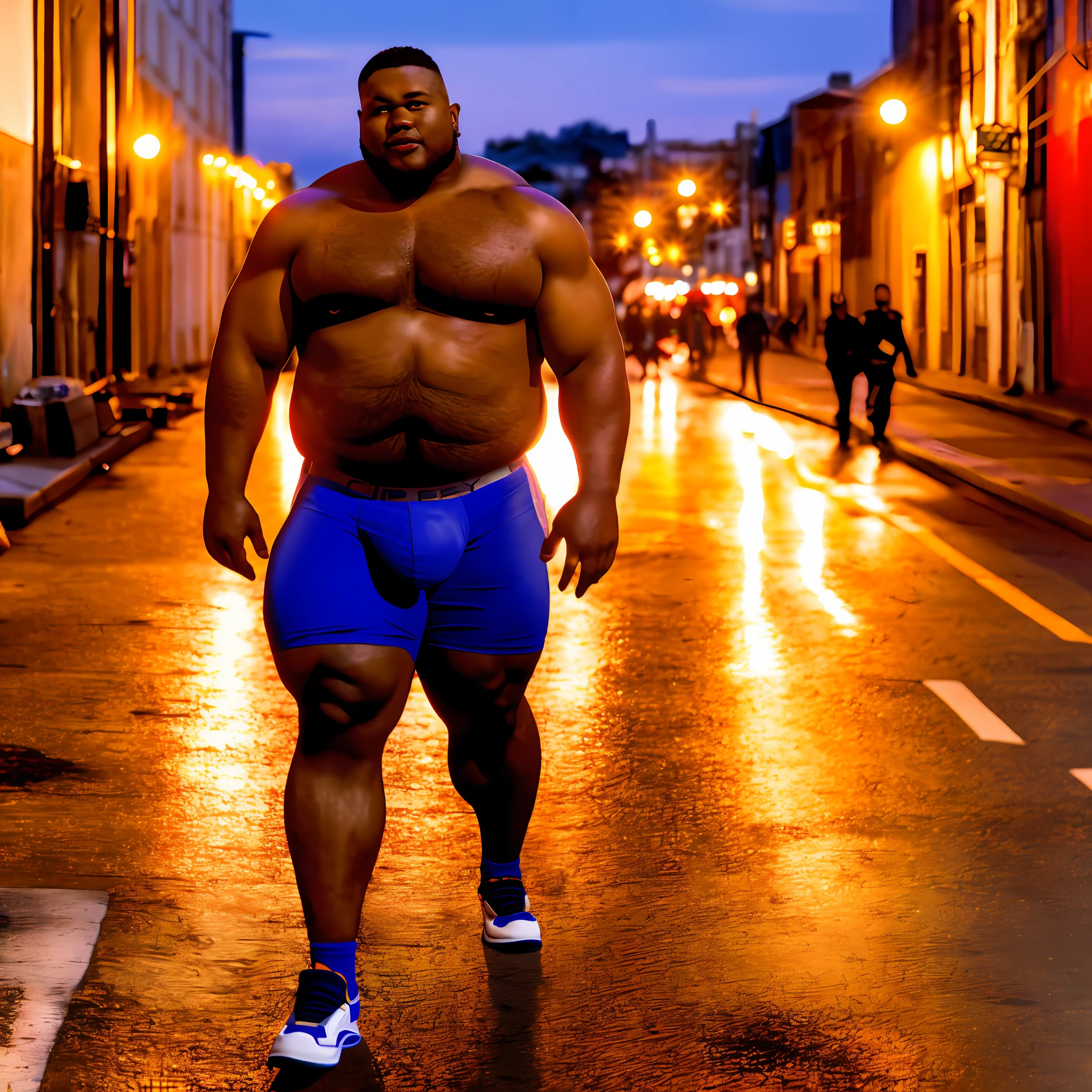 Chubby, black man, muscular, walking, underwear showing, big bulge in underwear, city street at sunset, realistic detailed face