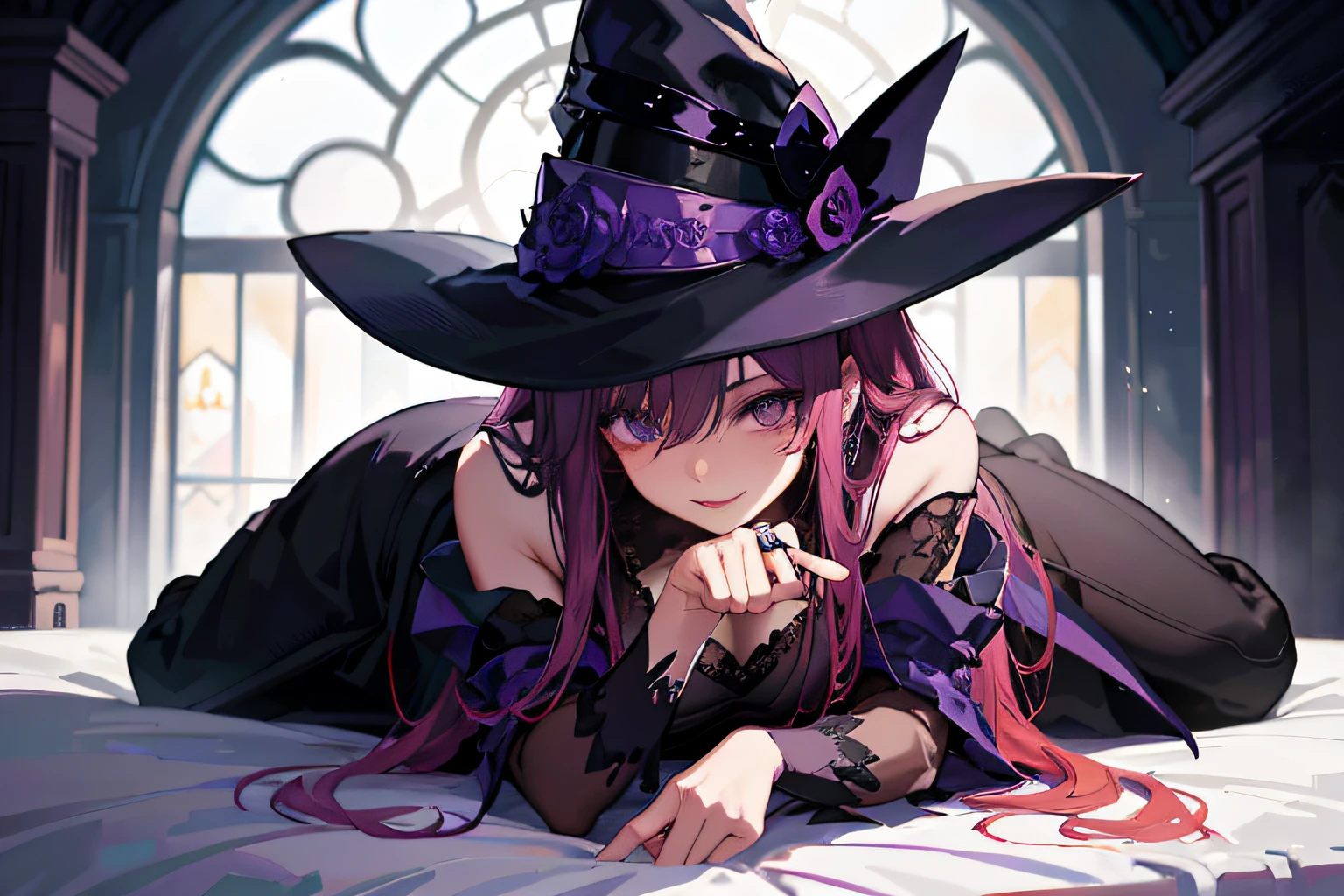 witch lying in bed with purple hat and black dress, flirty anime witch casting magic, beautiful witch, witch girl, classic witch, a beautiful sorceress, castlevania witch, fashionable dark witch, portrait of a young witch, dark witch character, beautiful witch, witch, witch, beautiful witch, ! dream art good anatomy