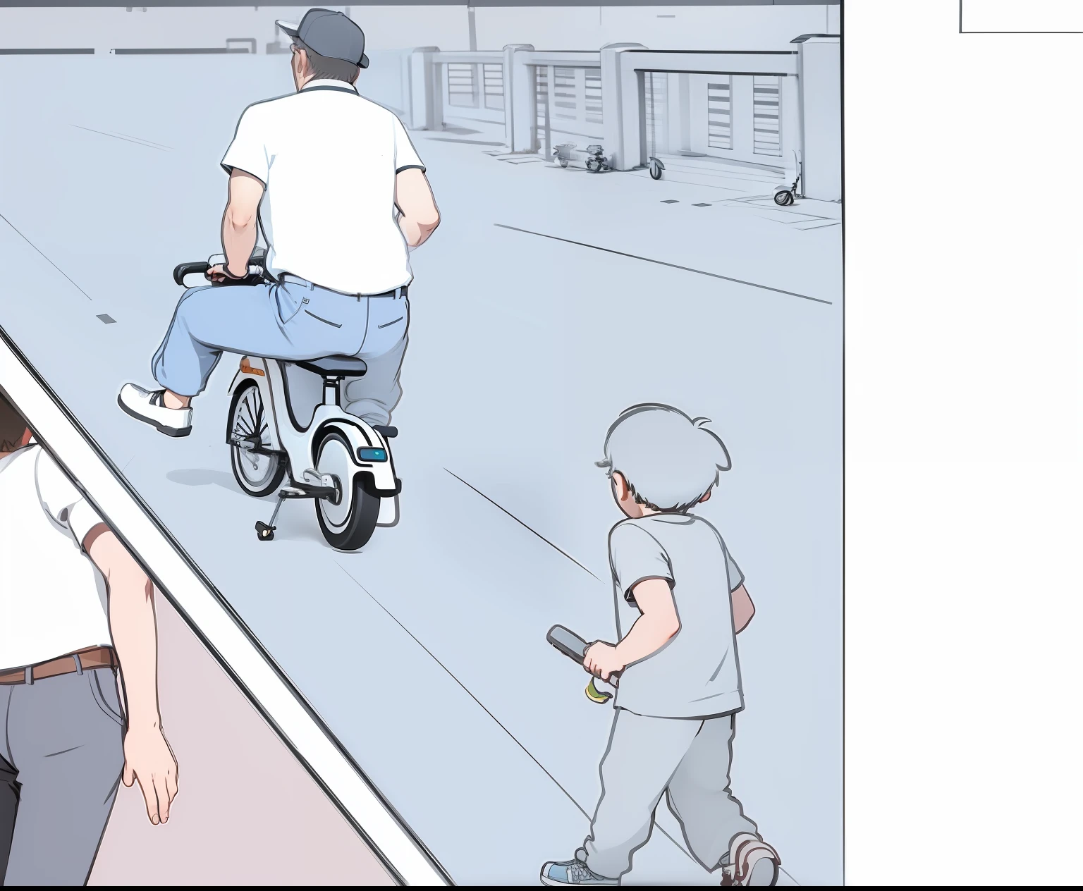 Line drawing, Q version, dad stepping on a scooter and kid running after him