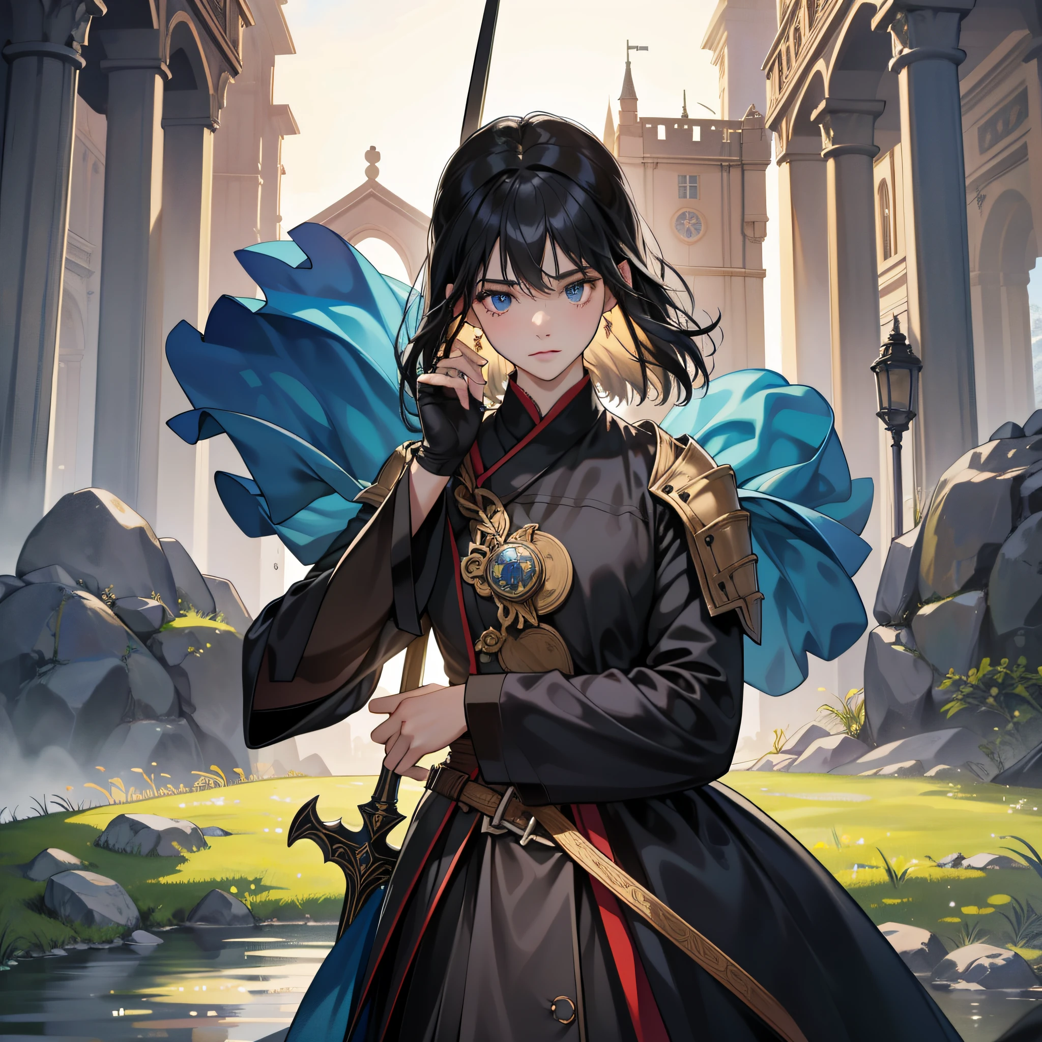 Because 1女孩, 黑色头发, 蓝光眼, 高髻, 粉色连衣裙,was in a car accident over two years ago, my soul crossed to another world.
masterpiece,official art,8k, masterpiece, best quality, highly detailed, exquisite facial features, prefect face, shiny skin,
transported to a medieval world:1.2,wearing a knight’s armor:1.2,holding a sword:1.1,standing in front of a castle:1.1,mysterious creatures in the background:1.1.