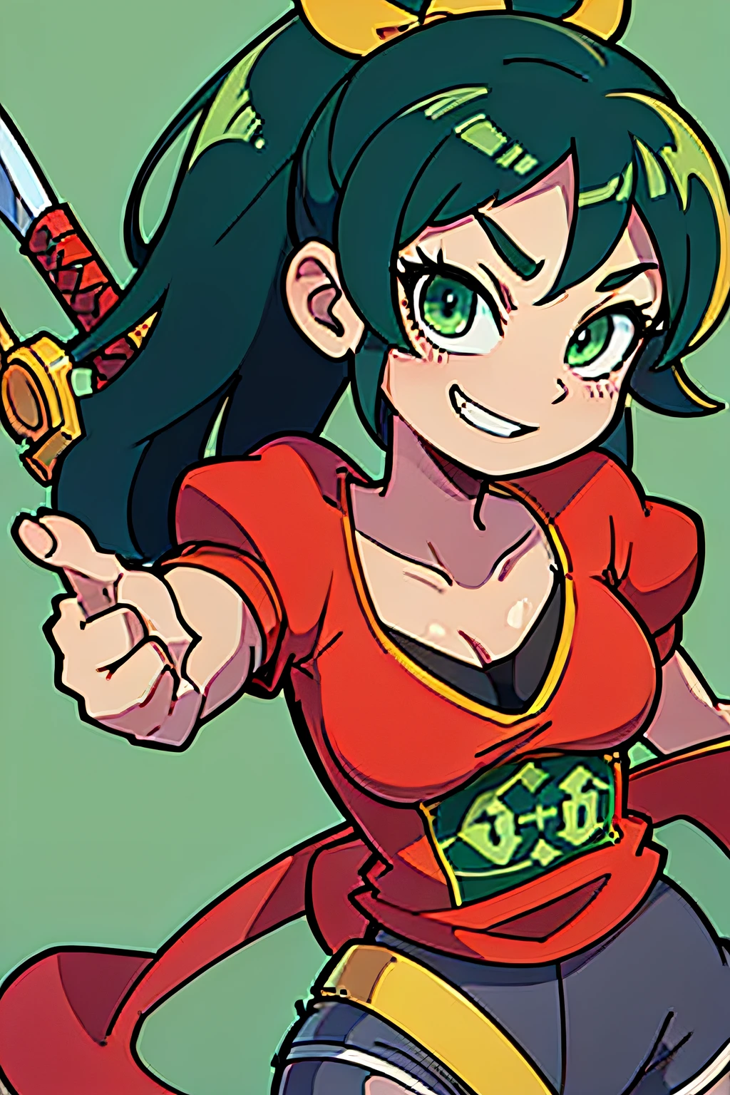 masterpiece, high quality, (anime), best quality, 1girl, very detailed eyes and face, loose and black and red shirt, dynamic pose, dynamic light, full body, horsetail hair, simple background, (sword in the back), simple background, (((green eyes))), dark hair, ((red shirt)), ((yellow logo)), denim shorts, aquamarine shorts, smiling expression, black hair, yellow bun, victory pose, (((long short))), (gray tights), front view, dark green hair, flat chest, (16 years), small figure, small thighs, (G logo), large size shirt, thin body, ponytail hair, background 1color,