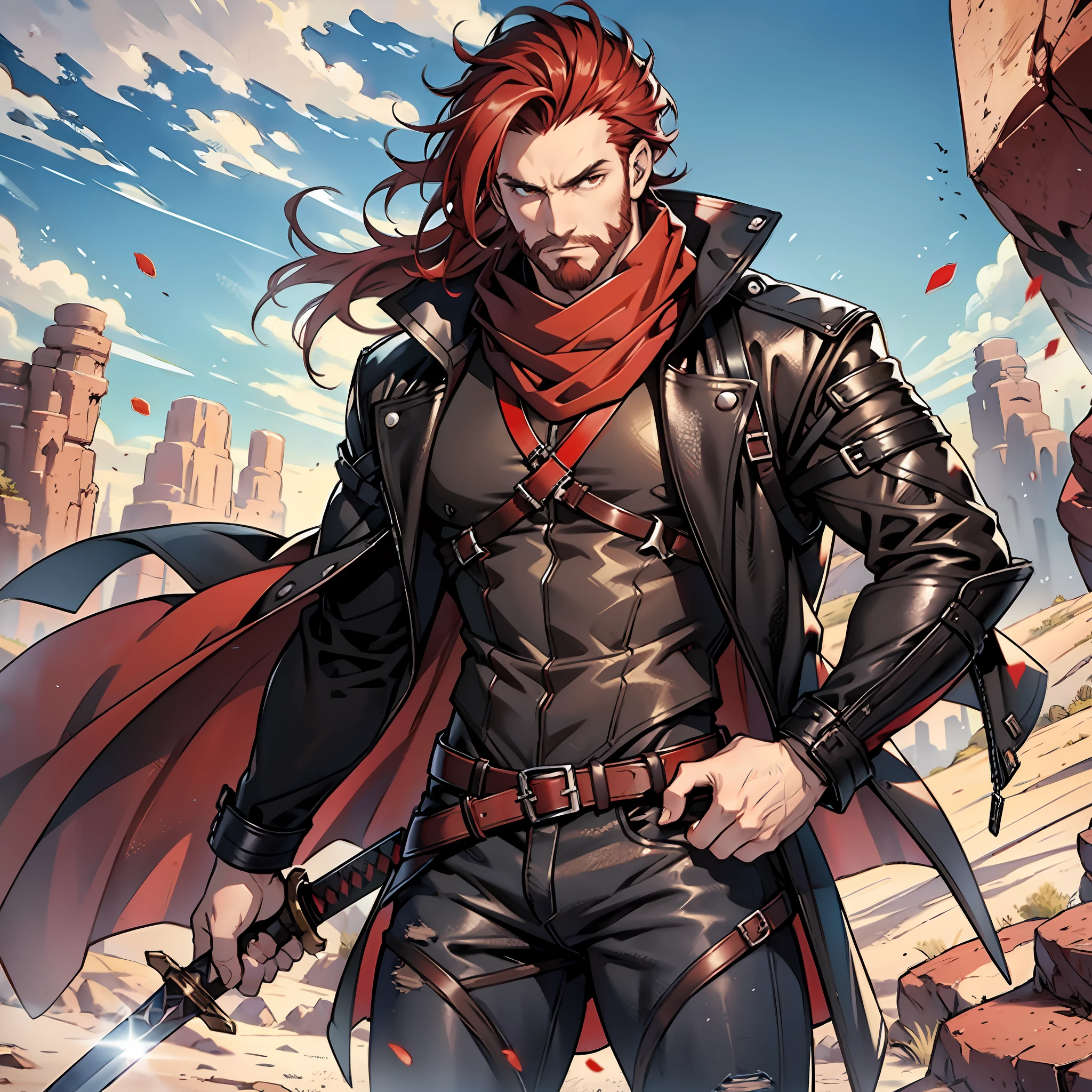 Redhead, black jacket, black jeans, red dress blouse, beard, brown eyes, light red hair, straight spiky hair, black boots, brown scarf, sword in the scabbard stuck at the waist, serious look, muscular man, developed physique, desert scenery.
