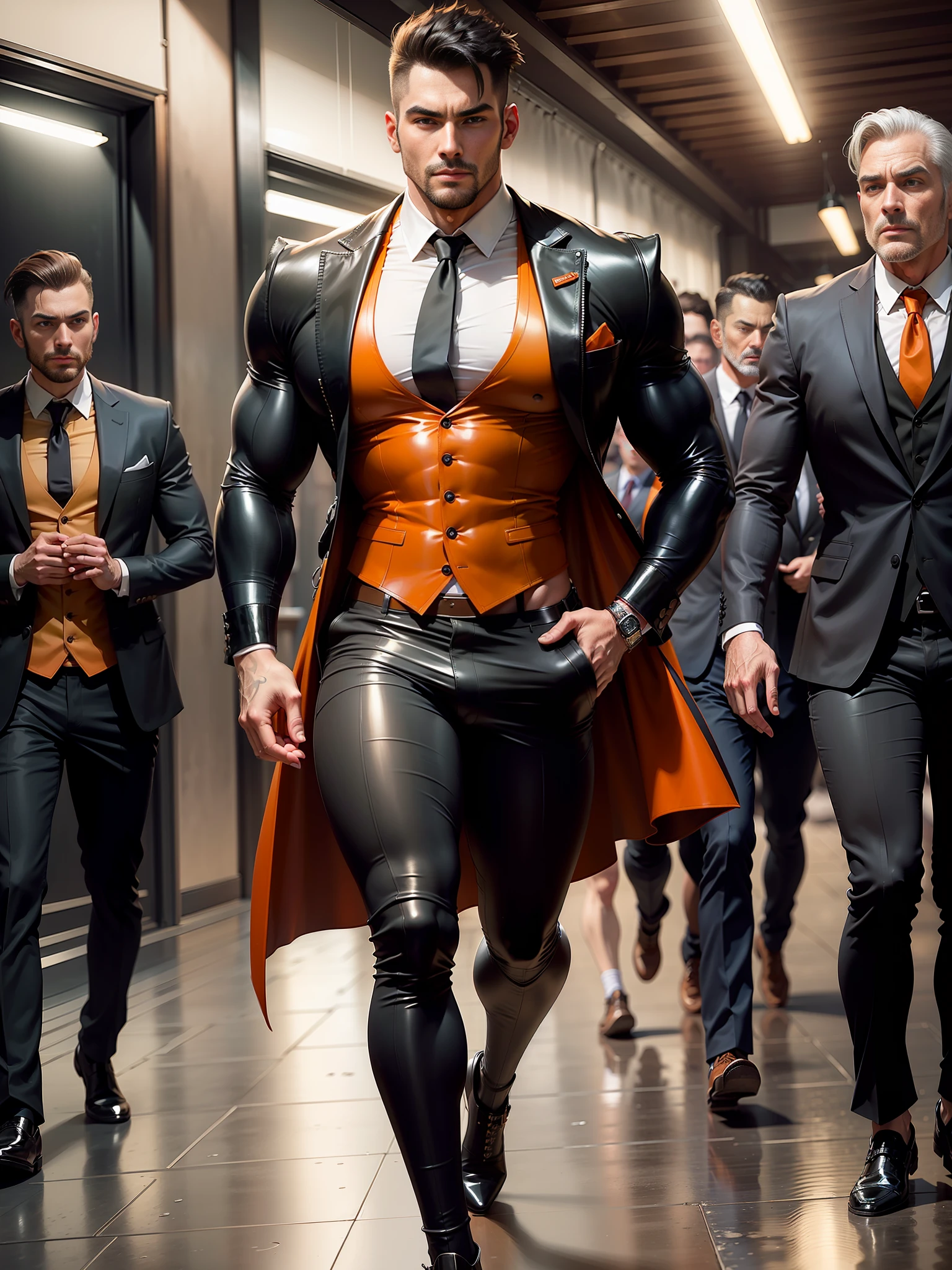 The most attractive muscular man in a dark gray latex three piece suit, orange triming, open shirt, sexy, hairy body, huge crotch bulge, in public, dieselpunk theam, full body, scantily clad masculine male, only 1 man, hot, erotica,