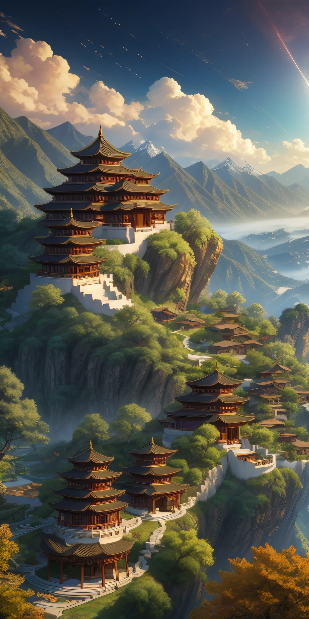 Masterpiece, best quality, high quality, extremely detailed CG unified 8k wallpaper, outdoor, sky, clouds, no humans, mountain, 7 Chinese style courtyards nestled on hillside, cinemagraph, landscape, water, trees,