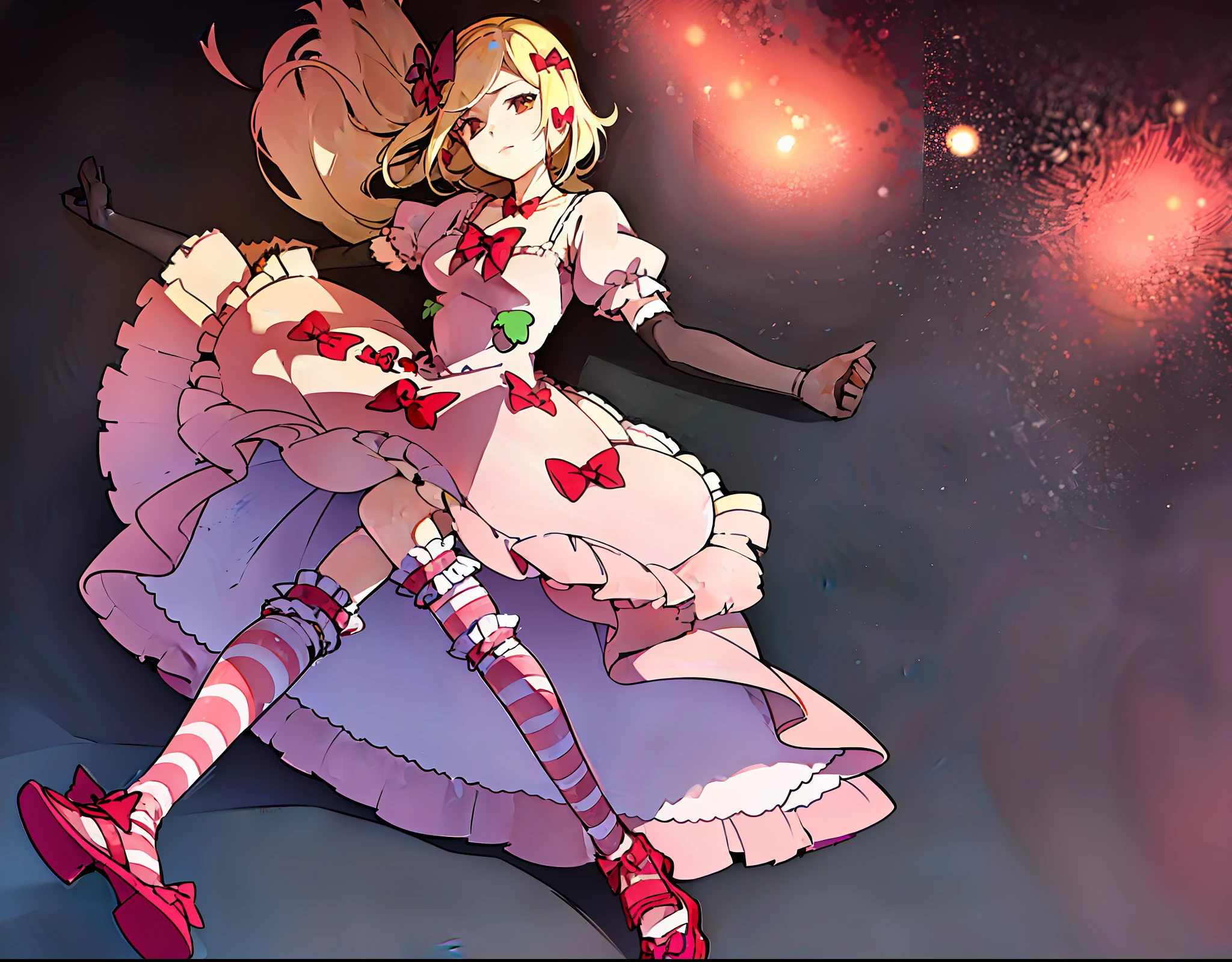 1girl, lambdadelta, pink dress, kneehighs, striped legwear, red shoes, shoe bow, red bows, blond hair, short hair, brown eyes, elbow black gloves, top-down bottom-up, (beautiful girl), (masterpiece), (best quality), (ultra detailed), top quality, (illustration), (high resolution), planets background