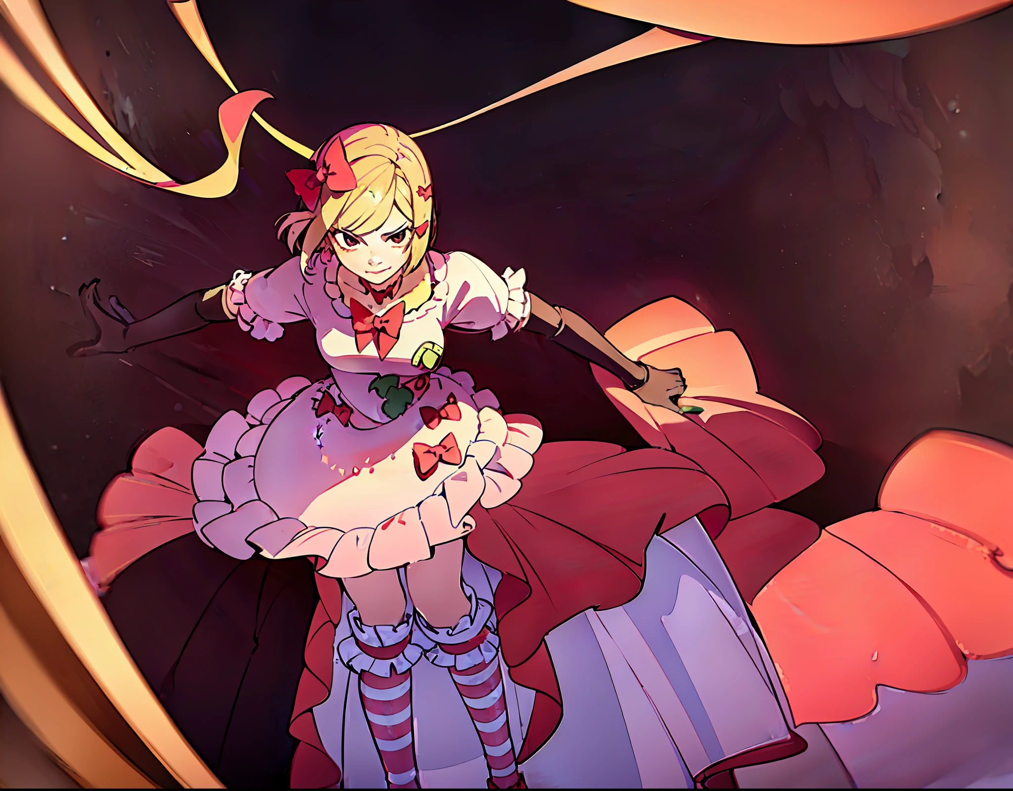 1girl, lambdadelta, pink dress, kneehighs, striped legwear, red shoes, shoe bow, red bows, blond hair, short hair, brown eyes, elbow black gloves, top-down bottom-up, (beautiful girl), (masterpiece), (best quality), (ultra detailed), top quality, (illustration), (high resolution), planets background