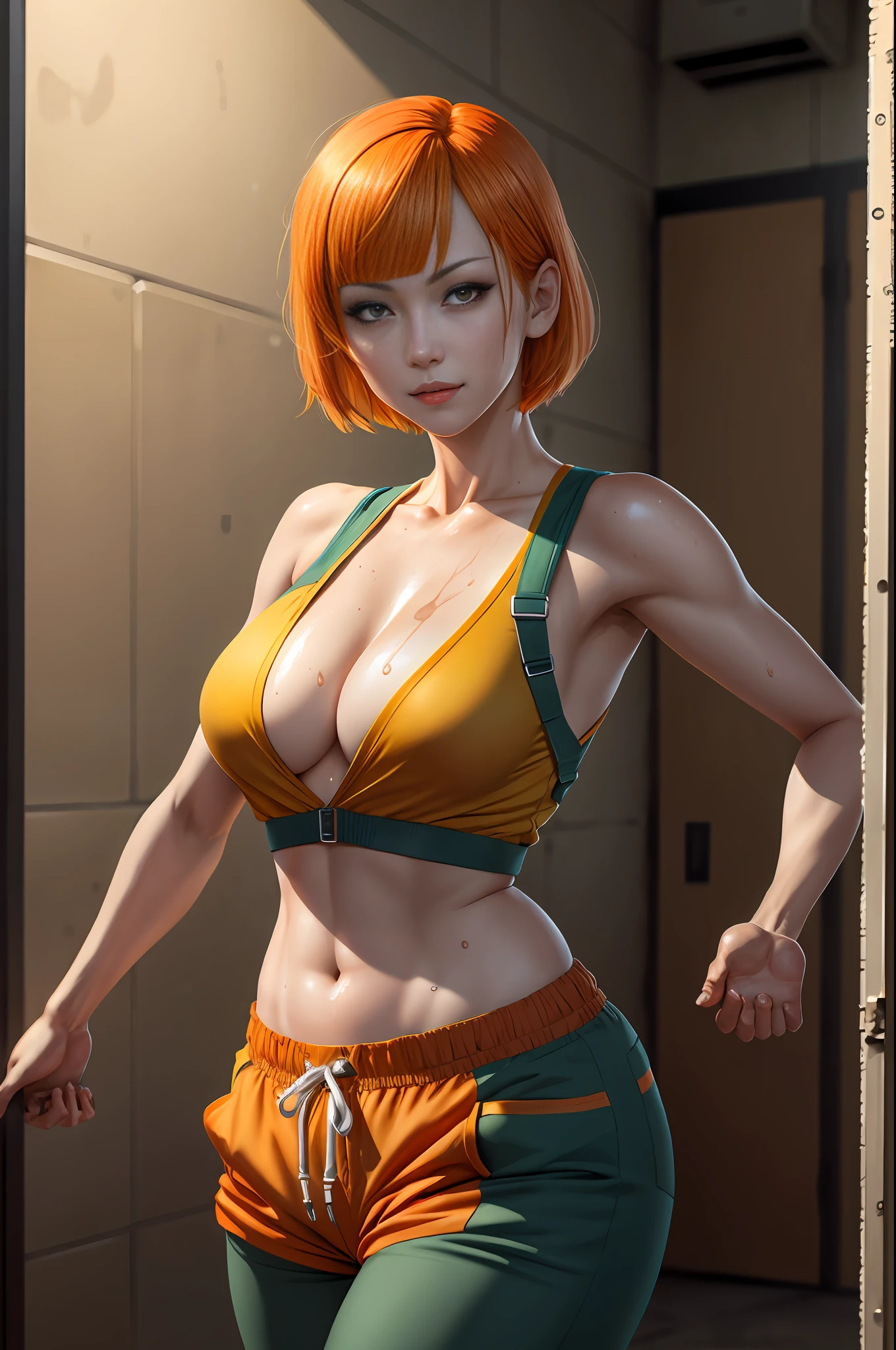 Prison School, Hana Midorikawa realistic version, wearing a provocative outfit, open prison jumpsuit, sweaty punctuated medium breasts, sweaty face, yellow iris eyes, short schoolgirl pants flying, sensuality and elegance, pose for photo, Ecchi anime girl style, super realistic and detailed, prison saddle, short straight orange hair with short straight bangs, kinky smile, kinky look, Full HD, best quality, a masterpiece, professional lighting, realistic style