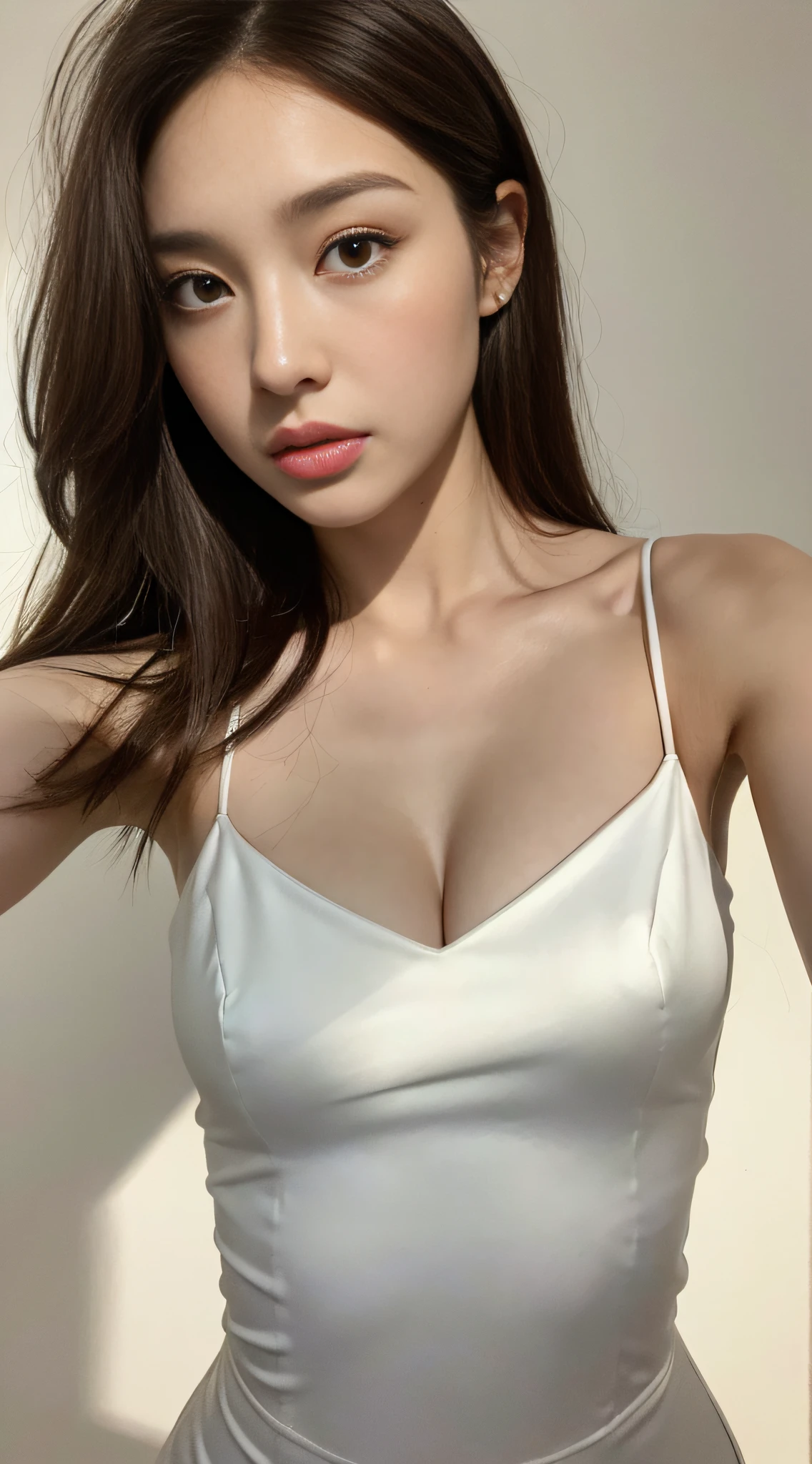 ((Realistic lighting, Best Quality, 8K, Masterpiece: 1.3)), Clear Focus: 1.2, 1girl, Perfect Body Beauty: 1.4, Slim Abs: 1.1, ((Dark Brown Hair)), (White Dress: 1.4), Super Fine Face, Fine Eyes