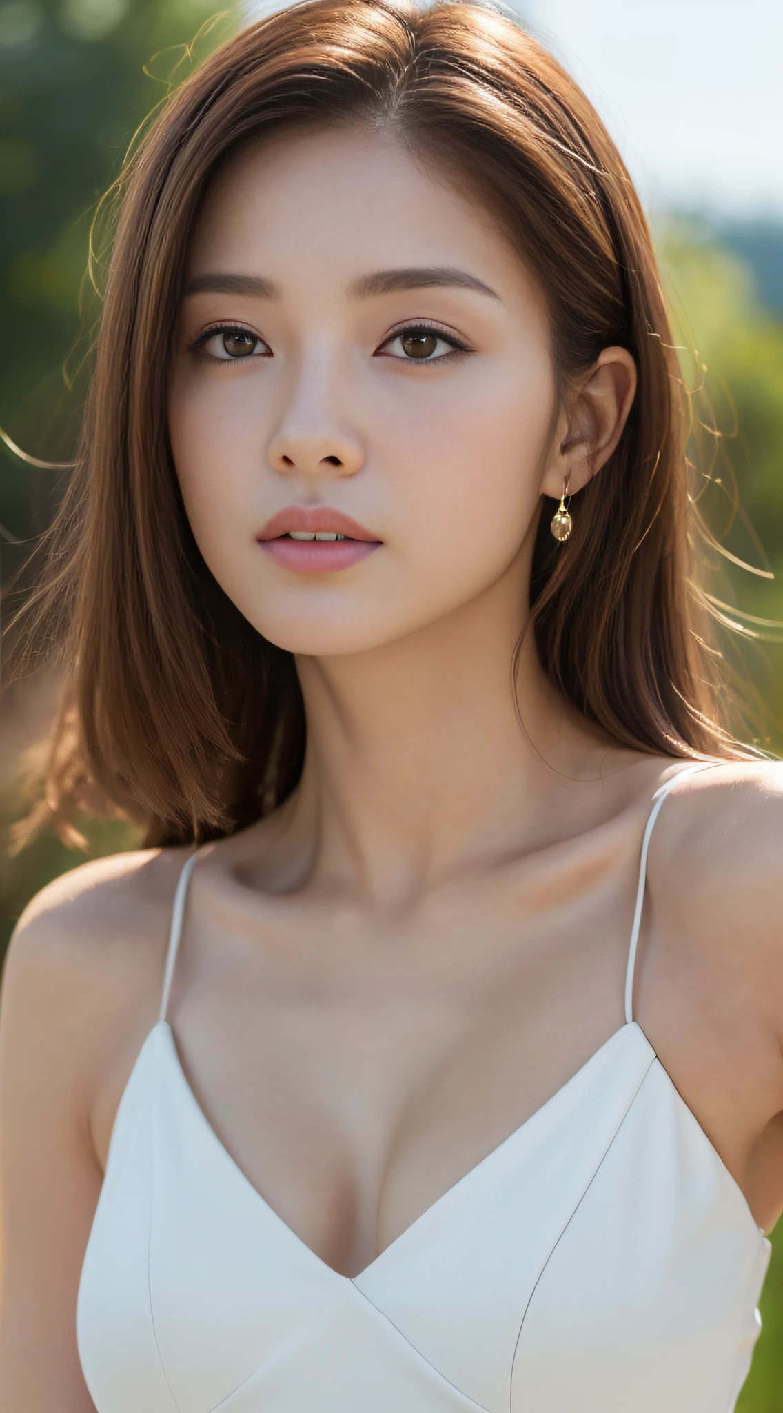 ((Realistic lighting, Best Quality, 8K, Masterpiece: 1.3)), Clear Focus: 1.2, 1girl, Perfect Body Beauty: 1.4, Slim Abs: 1.1, ((Dark Brown Hair)), (White Dress: 1.4), Super Fine Face, Fine Eyes