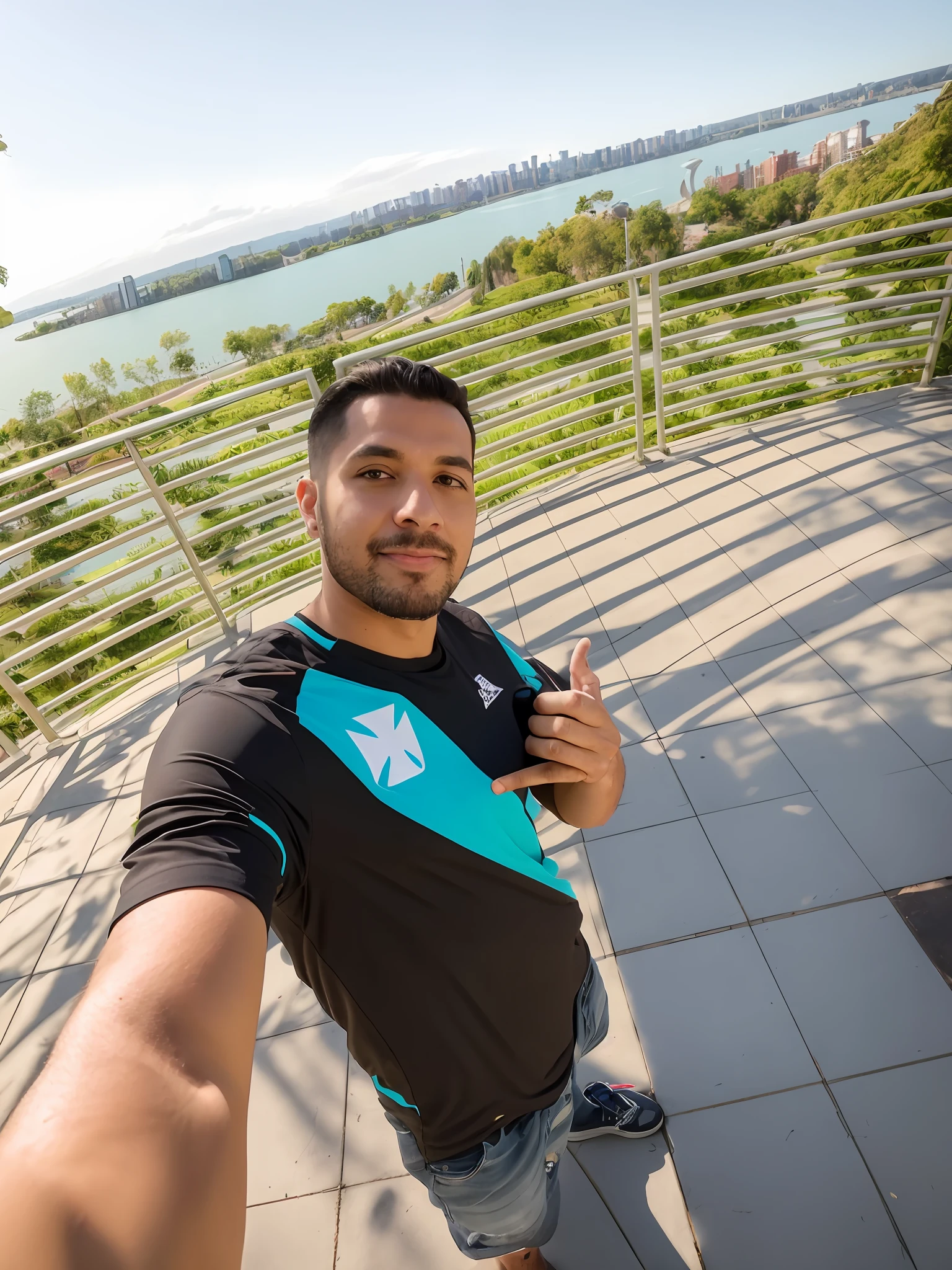 There is a man taking a selfie with his camera, with a park in the background, in a park, beautiful view, 8K selfie photography, in a park and next to a lake, with a city in the background, vasco's shirt, real image, futuristic city, ecological city.