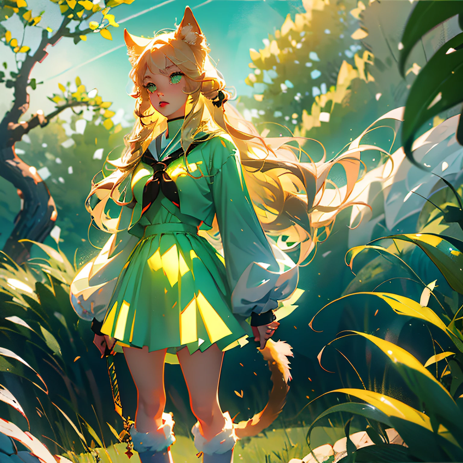 1 girl, full body, standing, animal ears, animal ear fluff, blonde hair, green eyes, white background, multiple tails, (serafuku), --auto --s2