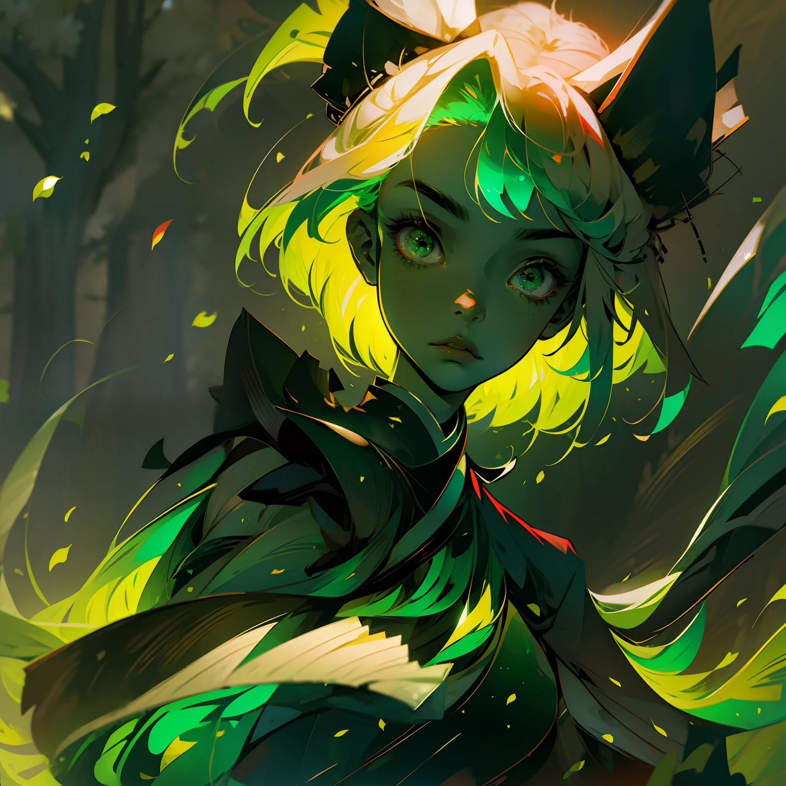 v6,beautiful green hair girl green kimono,green forest green eyes,flourescent green