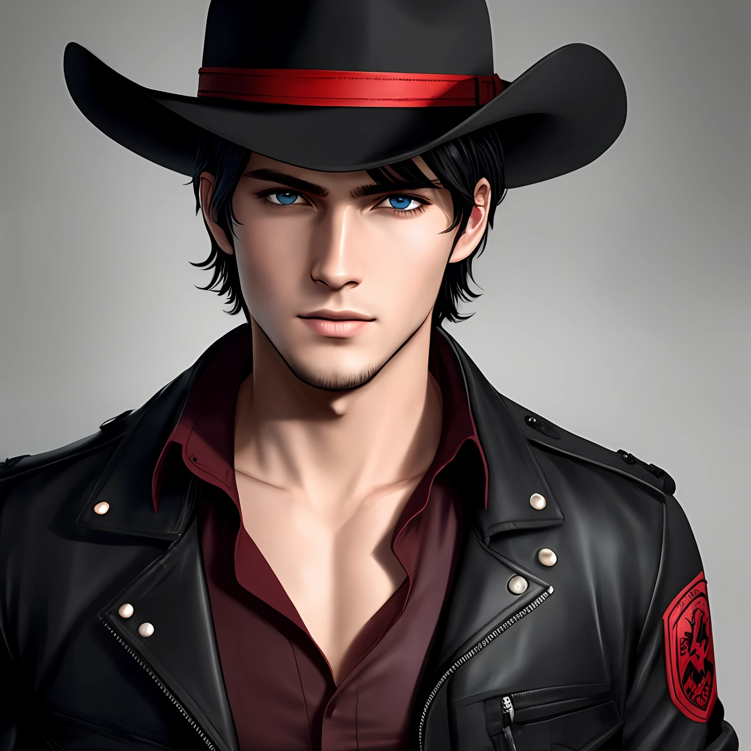 Young man 27 years, wearing a black jacket, red shirt, resident evil style, black hair, blue eyes, realistic style, 8k, black cowboy hat