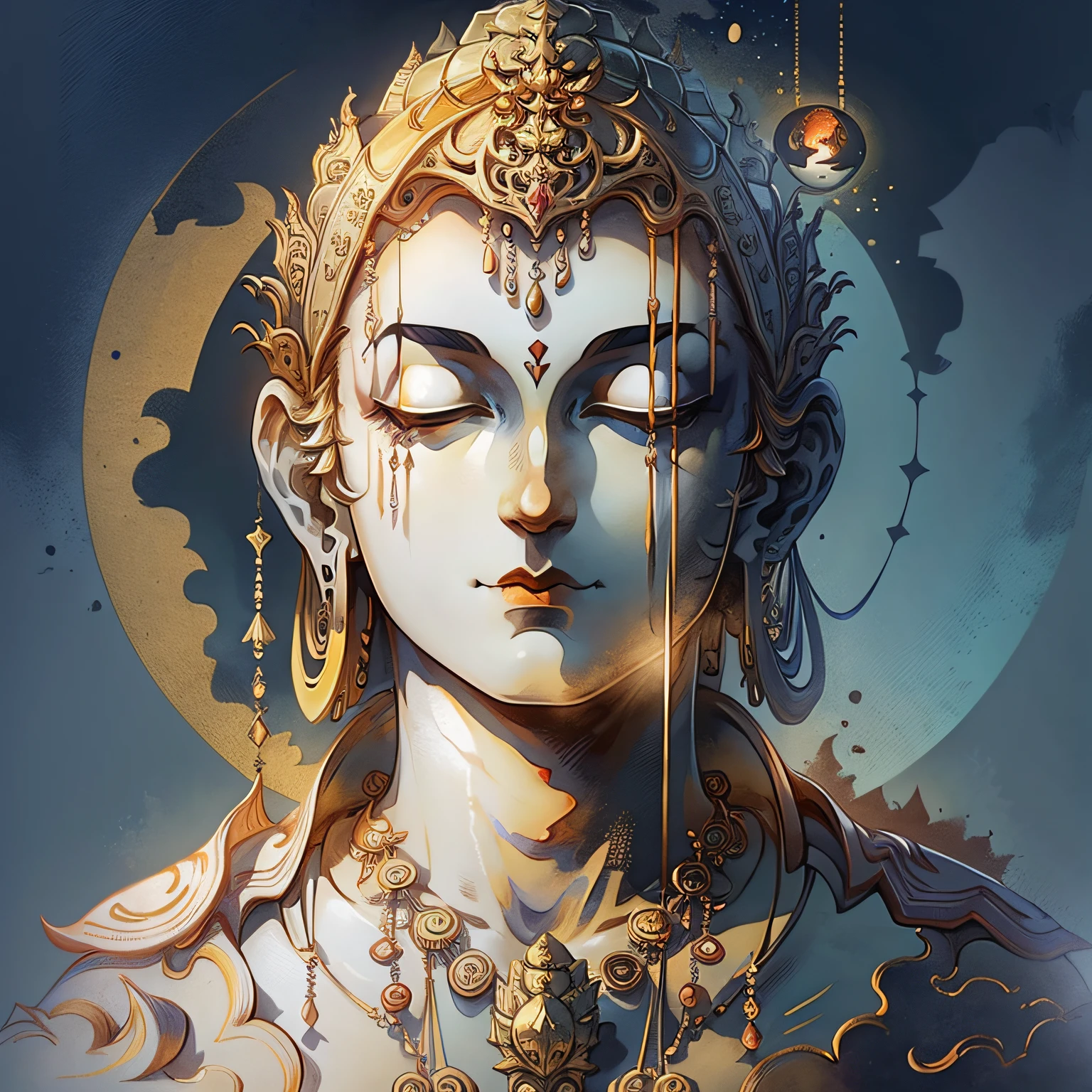 Buddha statue, half-body, (disc behind head: 1.8), (invalid: 1.6), (realistic: 1.4), (best quality: 1.0), (ultra-high resolution: 1.0), 8k, RAW photo, (masterpiece: 0.2), ultra detail, 1 male, standing, --auto --s2