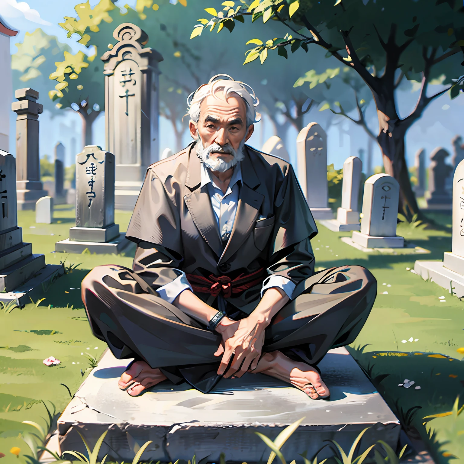 Oriental ancient old man sitting bust surrounded by tombstones --auto --s2