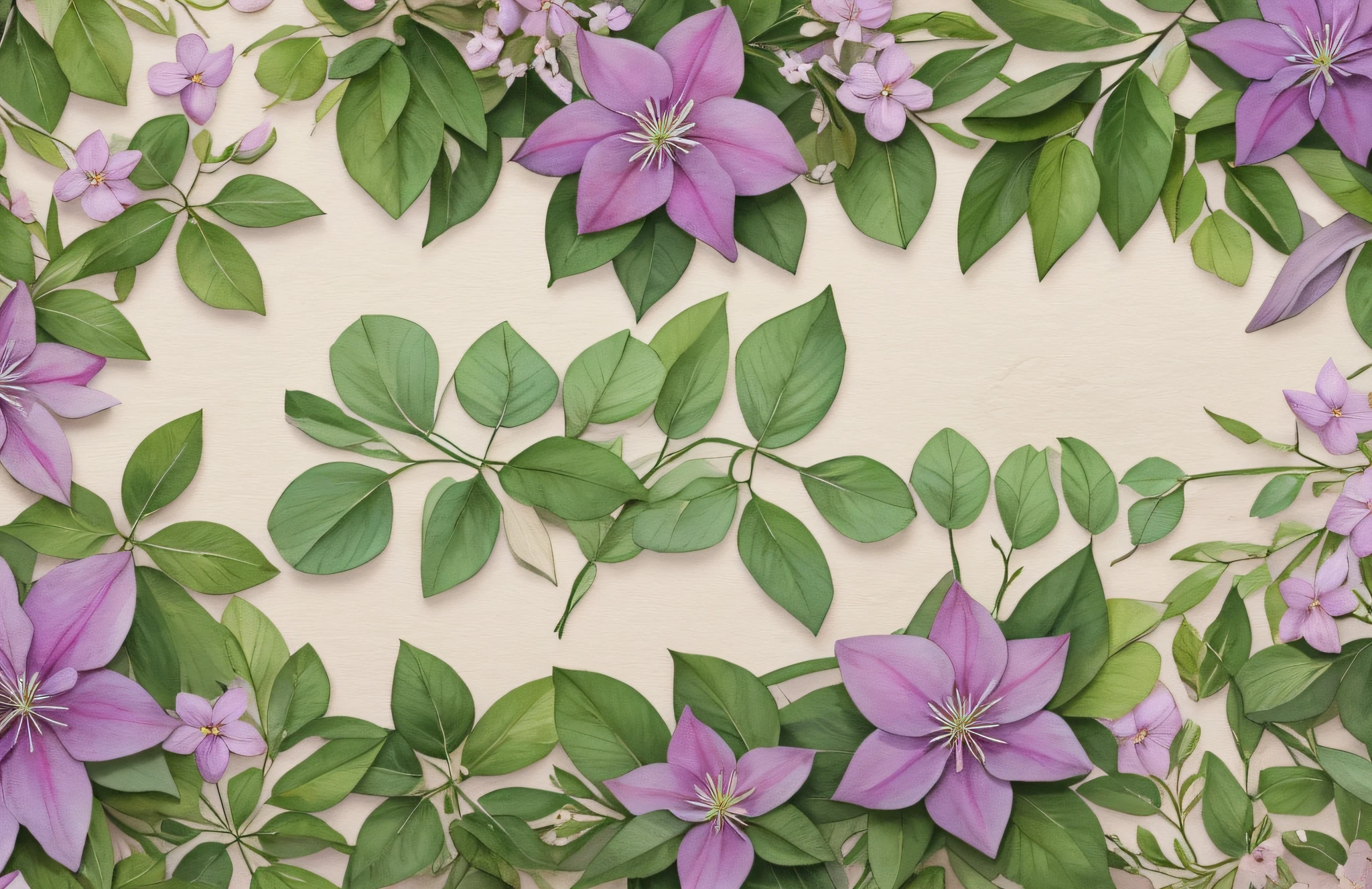 Wedding card background. Welcome board. Flowers and leaves painted in clematis watercolor on the left and right. Ribbon. Botanical imagery. --auto --s2