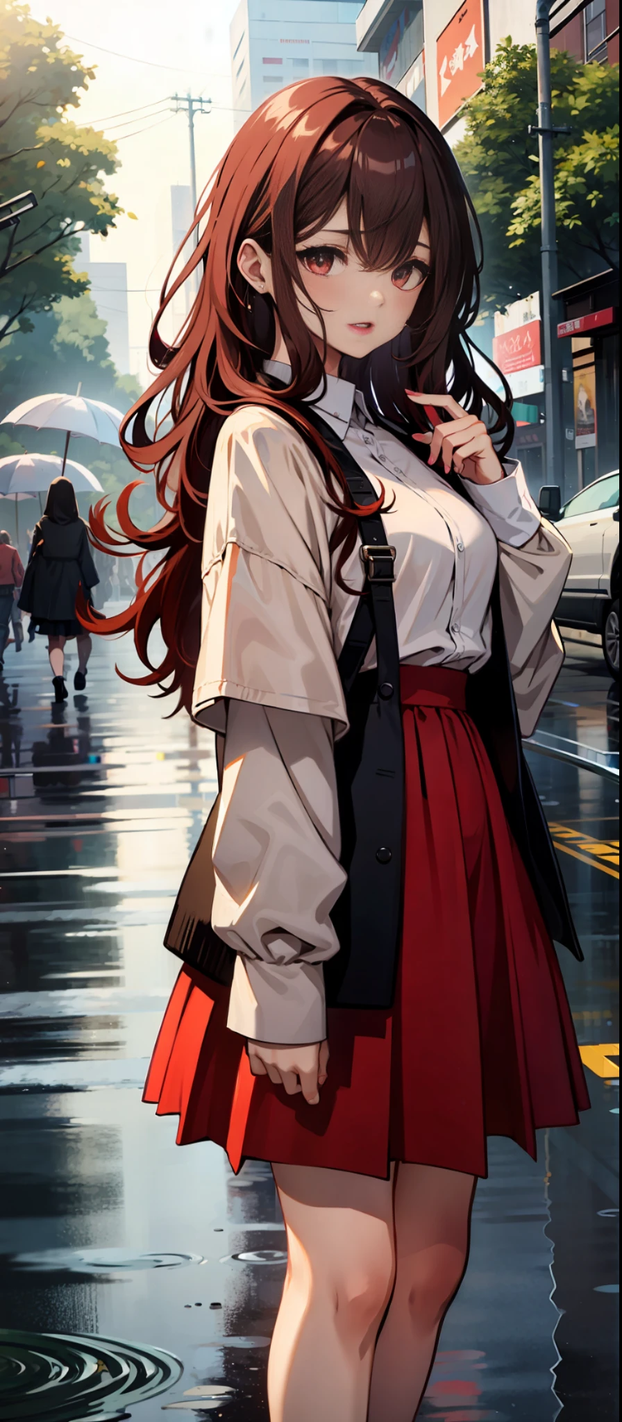 Girl, long curly hair, brown curls, low-cut outfits, skirts, hip skirts, red lips, ruby eyes, rainy day, drenched, on the street