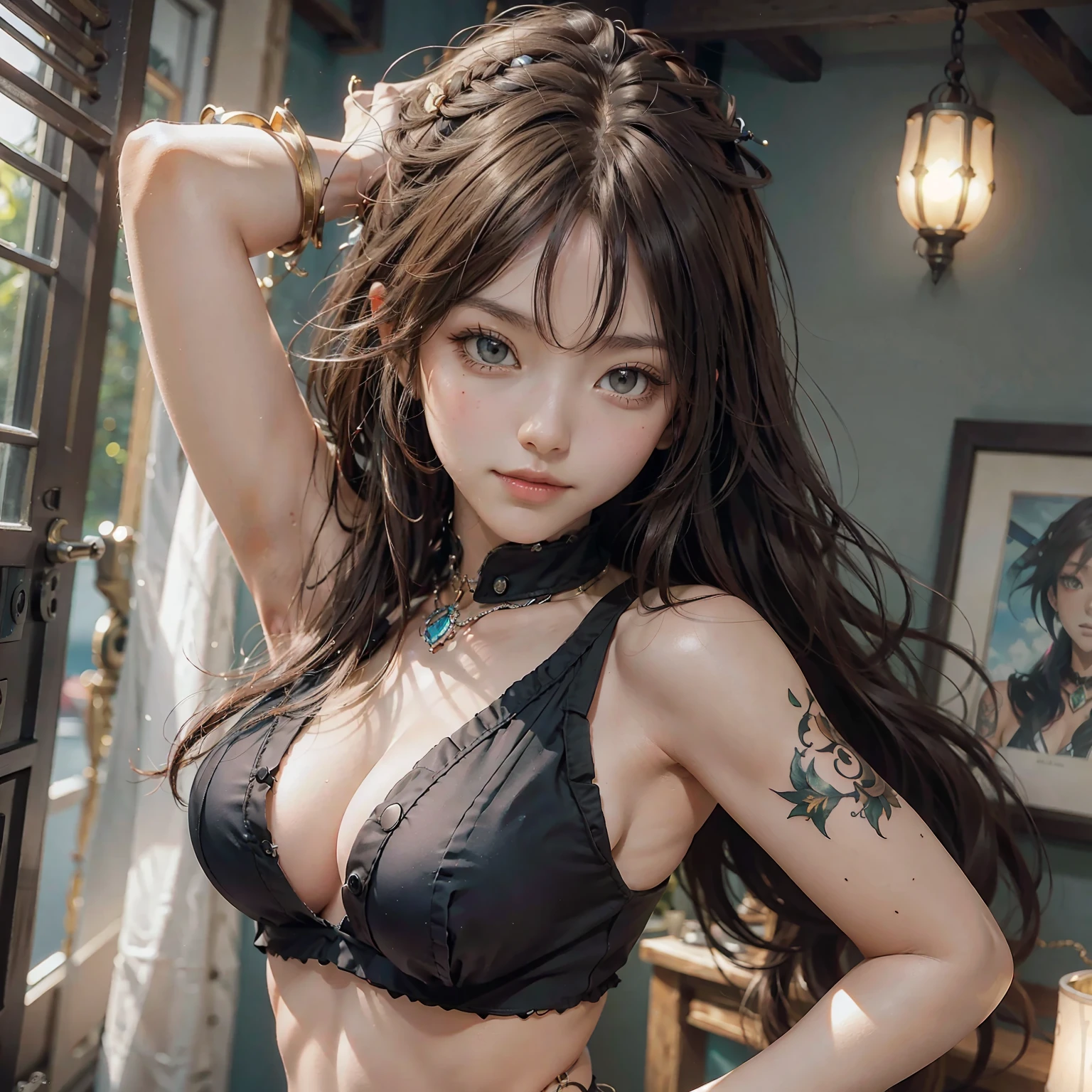 Drawing by Hiro Mashima , Art anime style, view from front, the most gorgeous and bewitching perfect athletic greek female in non undeclothes and roman jewelry, midriff, charming pose, looking at viewer with bewitching gentle smile, confident, fierce, amazing features,tattoed arm, perfect young athletic and fit feminine body, dramatic contrast, Rembrandt lighting, long brown hair, tattoed right arm --auto --s2