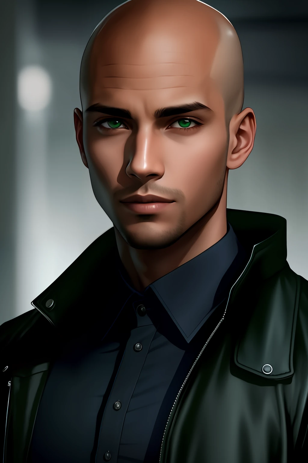 Young man 27 years old, wearing a black jacket, blue shirt, resident evil style, green eyes, realistic style, 8k, brown skin, bald